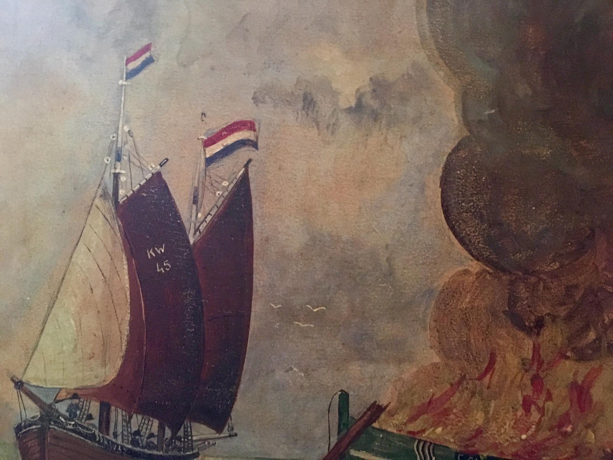 Dutch Folk Art Oil Painting Dramatic Seascape, Monogram and Dated In Good Condition In Vero Beach, FL