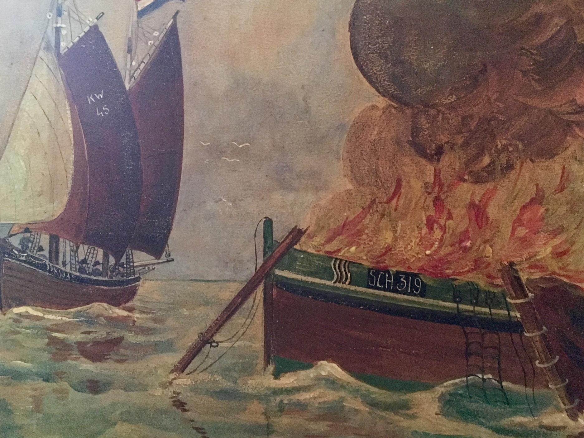 20th Century Dutch Folk Art Oil Painting Dramatic Seascape, Monogram and Dated