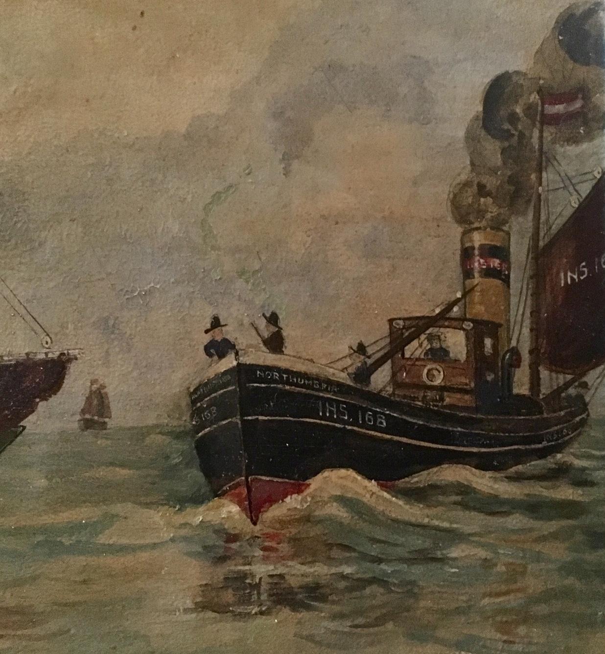 Wood Dutch Folk Art Oil Painting Dramatic Seascape, Monogram and Dated