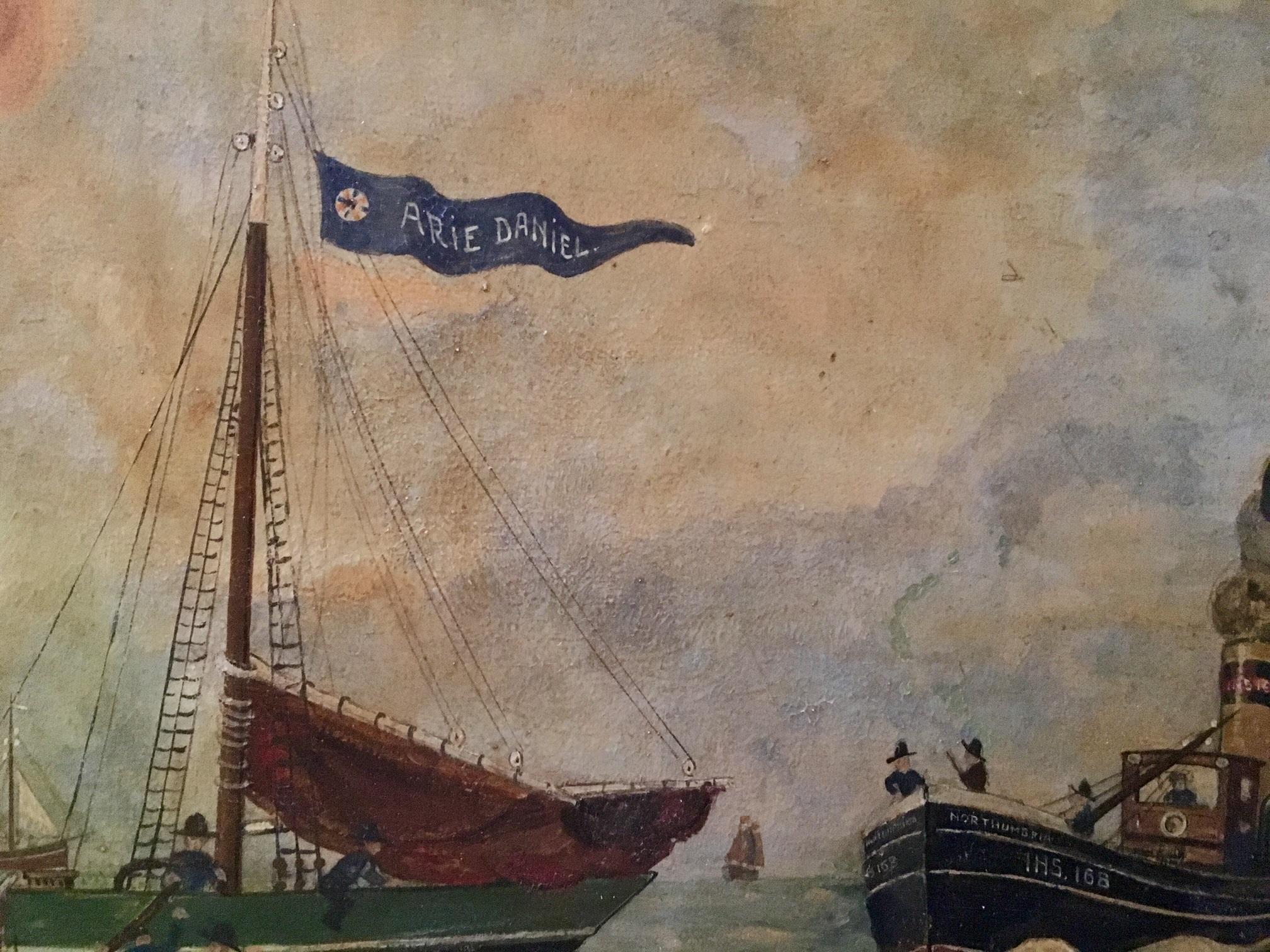 Dutch Folk Art Oil Painting Dramatic Seascape, Monogram and Dated 1