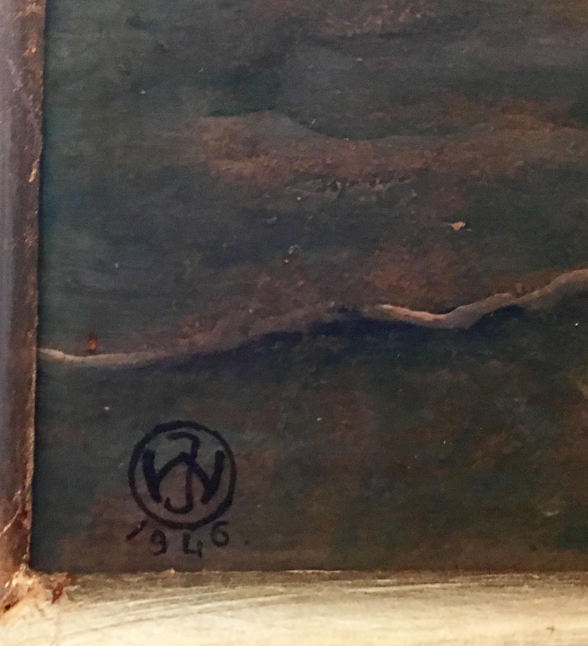 Dutch Folk Art Oil Painting Dramatic Seascape, Monogram and Dated 2