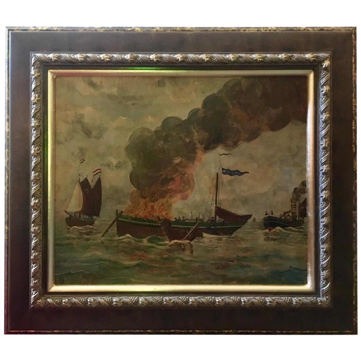 Dutch Folk Art Oil Painting Dramatic Seascape, Monogram and Dated