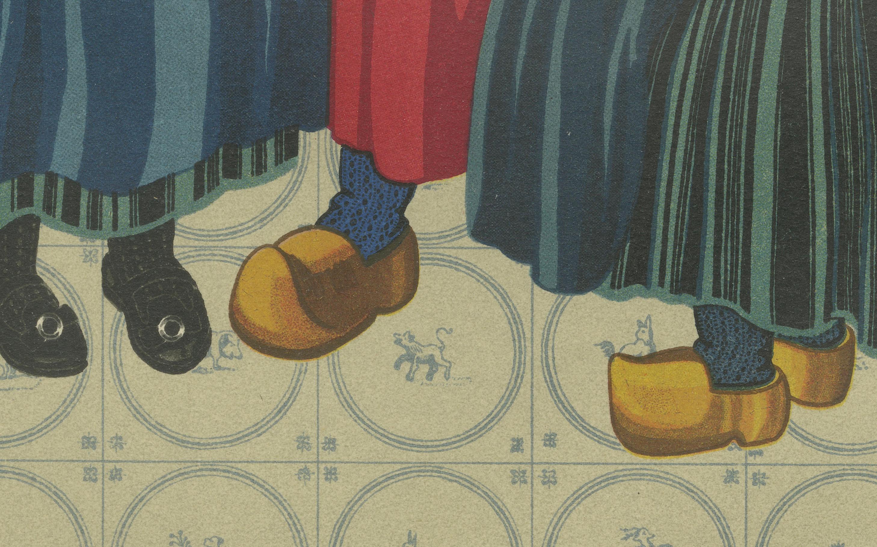 Estampa de trajes folclóricos holandeses - Vestido de Staphorst cotidiano con niños y lechera, 1932

Esta cromolitografía de principios del siglo XX, finamente impresa, capta el vibrante atuendo tradicional que visten las mujeres y los niños de