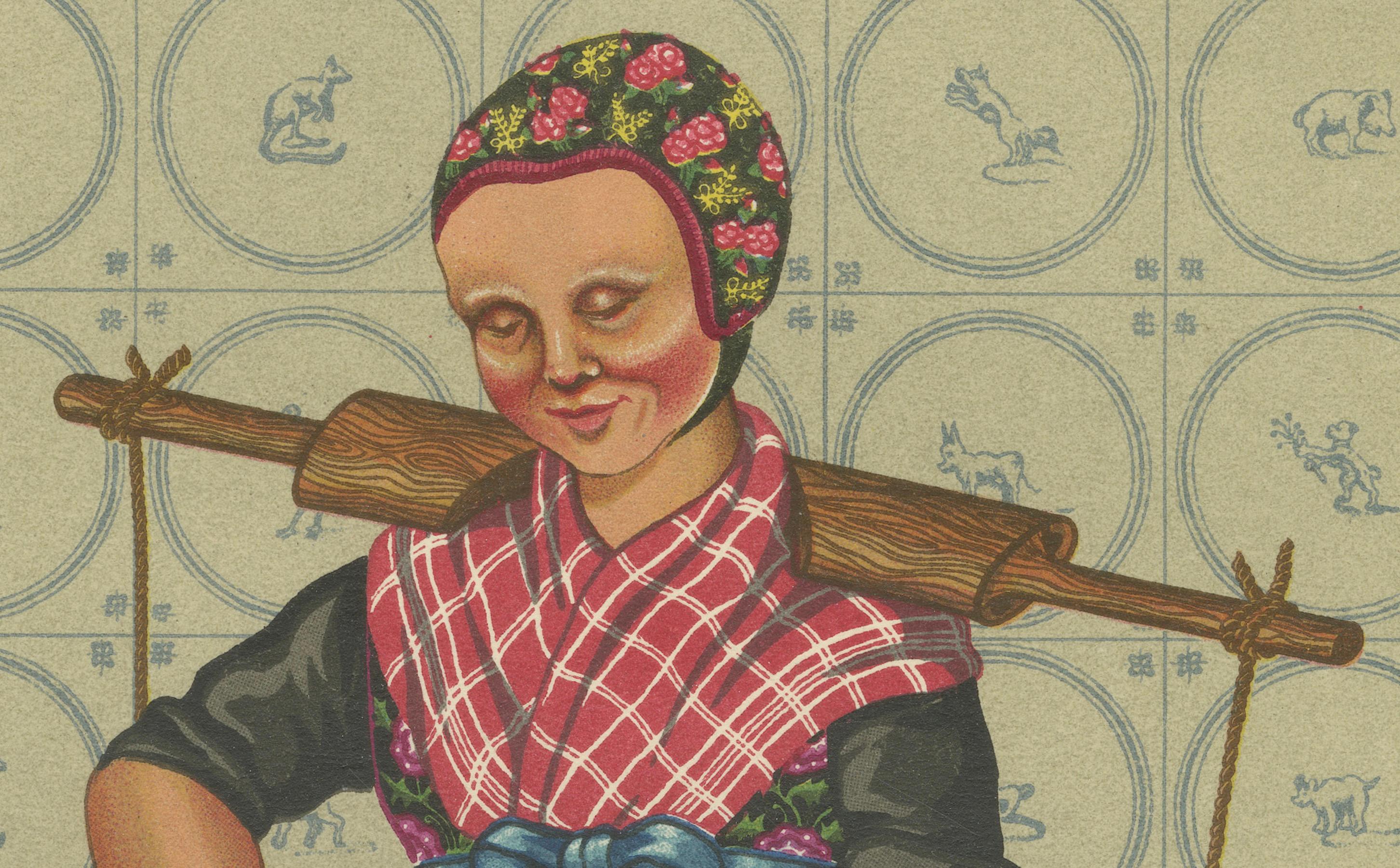 Estampado de Trajes Folclóricos Holandeses - Vestido Staphorst Cotidiano con Niños y Lechera en Bueno estado para la venta en Langweer, NL