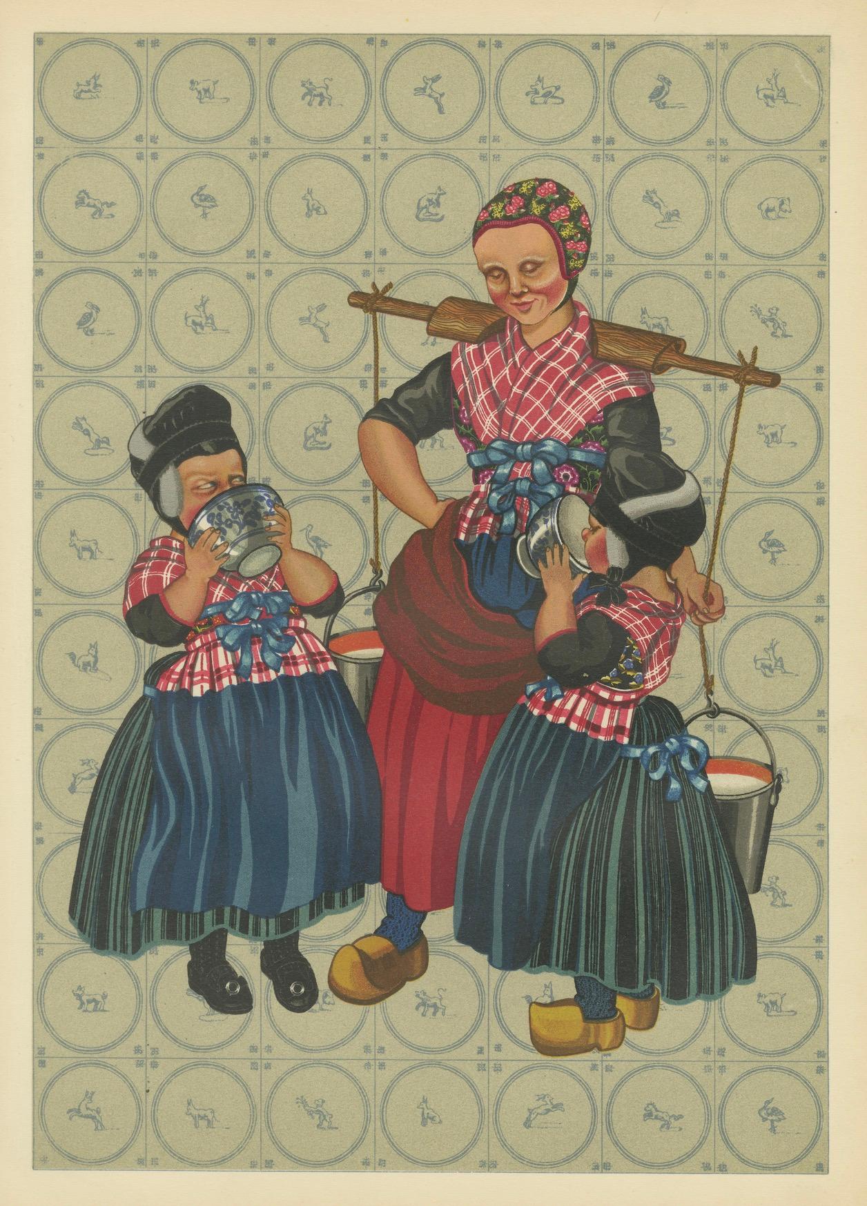 Estampado de Trajes Folclóricos Holandeses - Vestido Staphorst Cotidiano con Niños y Lechera en venta 1