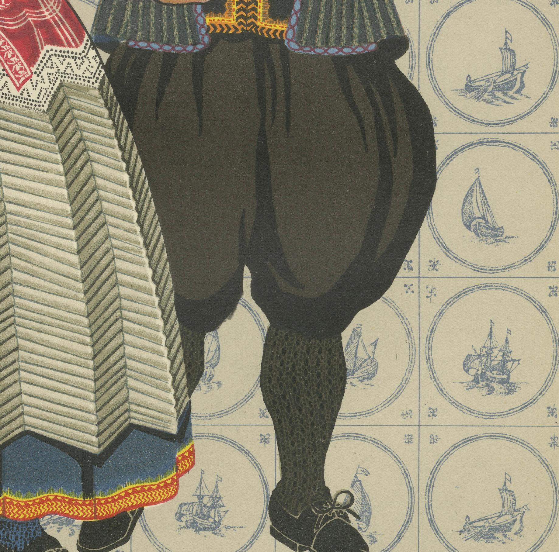 Niederländisches Volkspaar in lebhaftem Hochzeitskleid aus Marken, Niederlande, um 1932

Diese auffällige handkolorierte Lithografie aus der Zeit um 1932 zeigt ein farbenfroh gekleidetes Paar aus Marken in ihrer vollständigen Festtagskleidung, wie