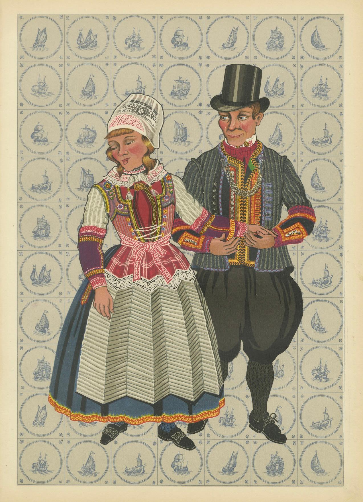 Niederländisches Volkspaar in lebhaftem Hochzeitskleid aus Marken, Niederlande, um 1932 im Angebot 2