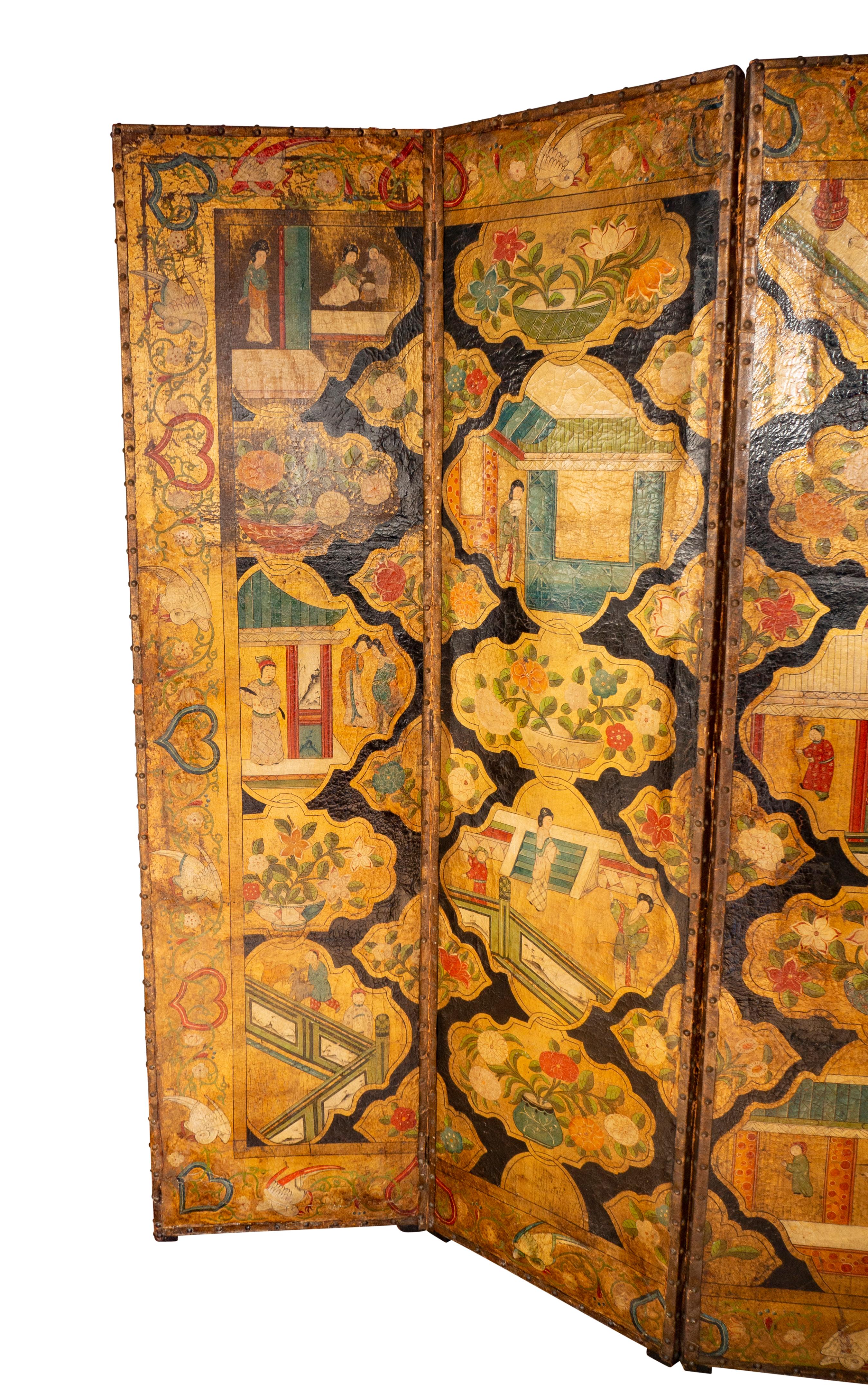 With four well painted chinoiserie panels of household scenes. Beautiful colors. In the 17th and 18th century this form of leather was used to line walls like wallpaper.