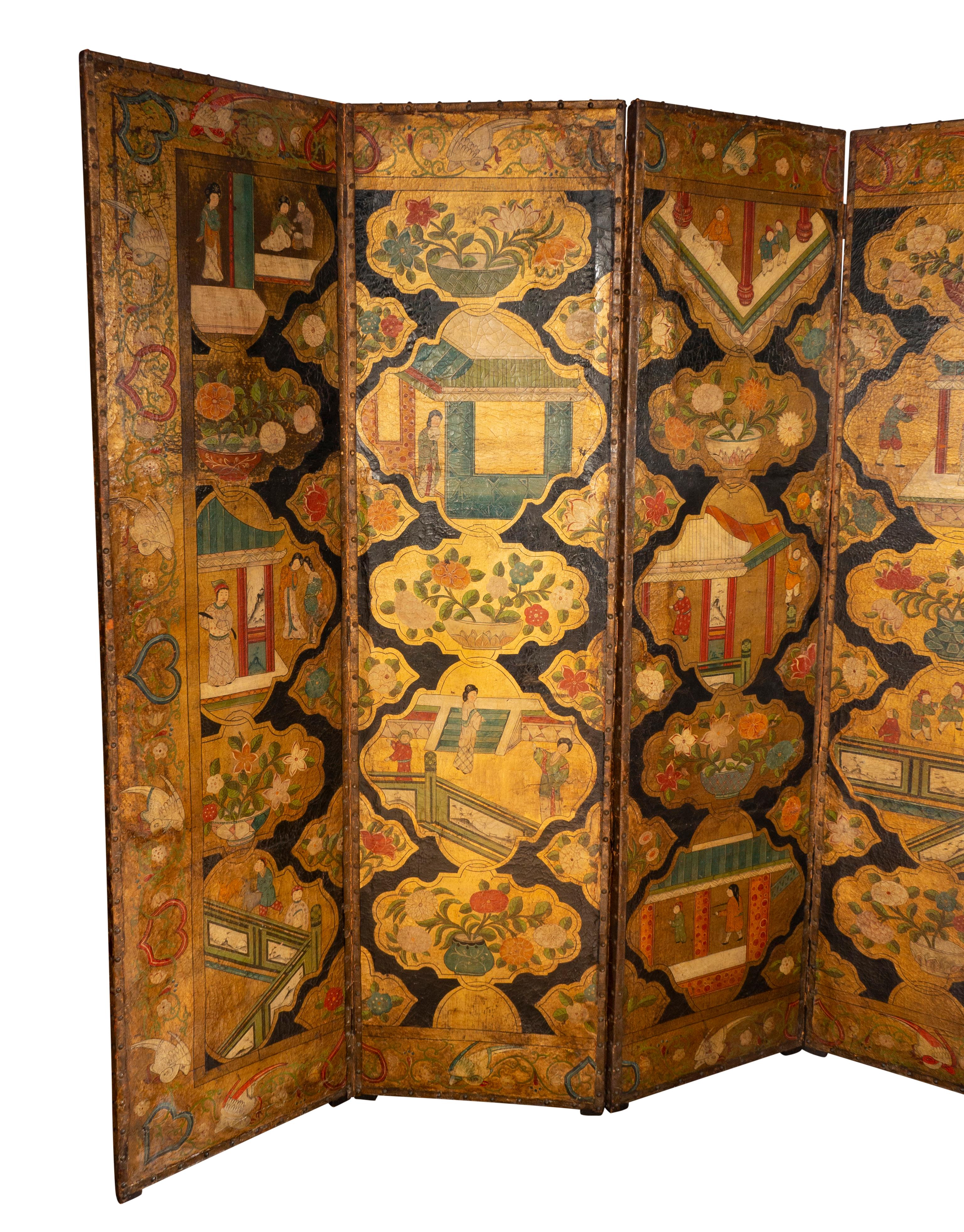 Painted Dutch Four Panel Chinoiserie Decorated Leather Screen For Sale