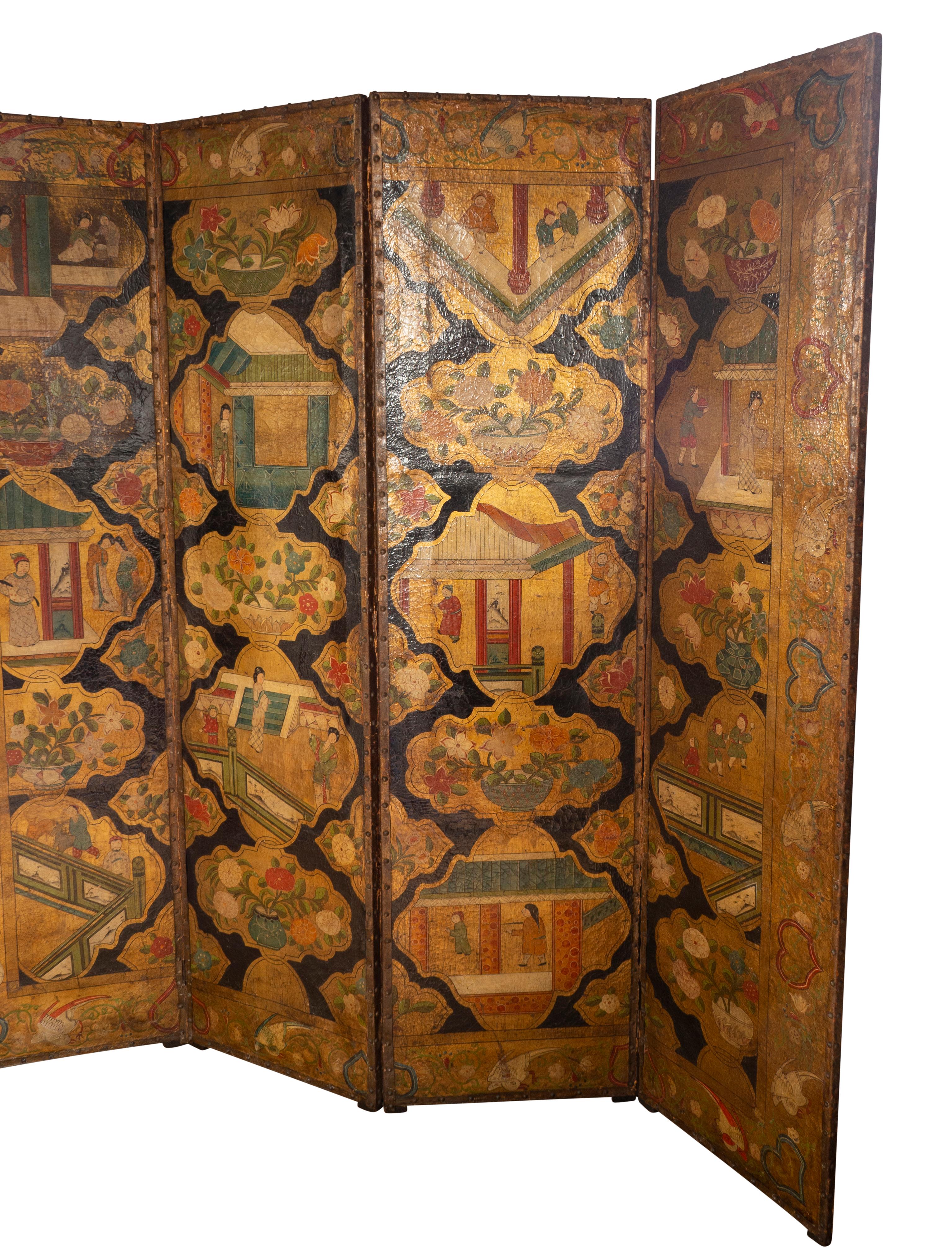 Dutch Four Panel Chinoiserie Decorated Leather Screen In Good Condition For Sale In Essex, MA