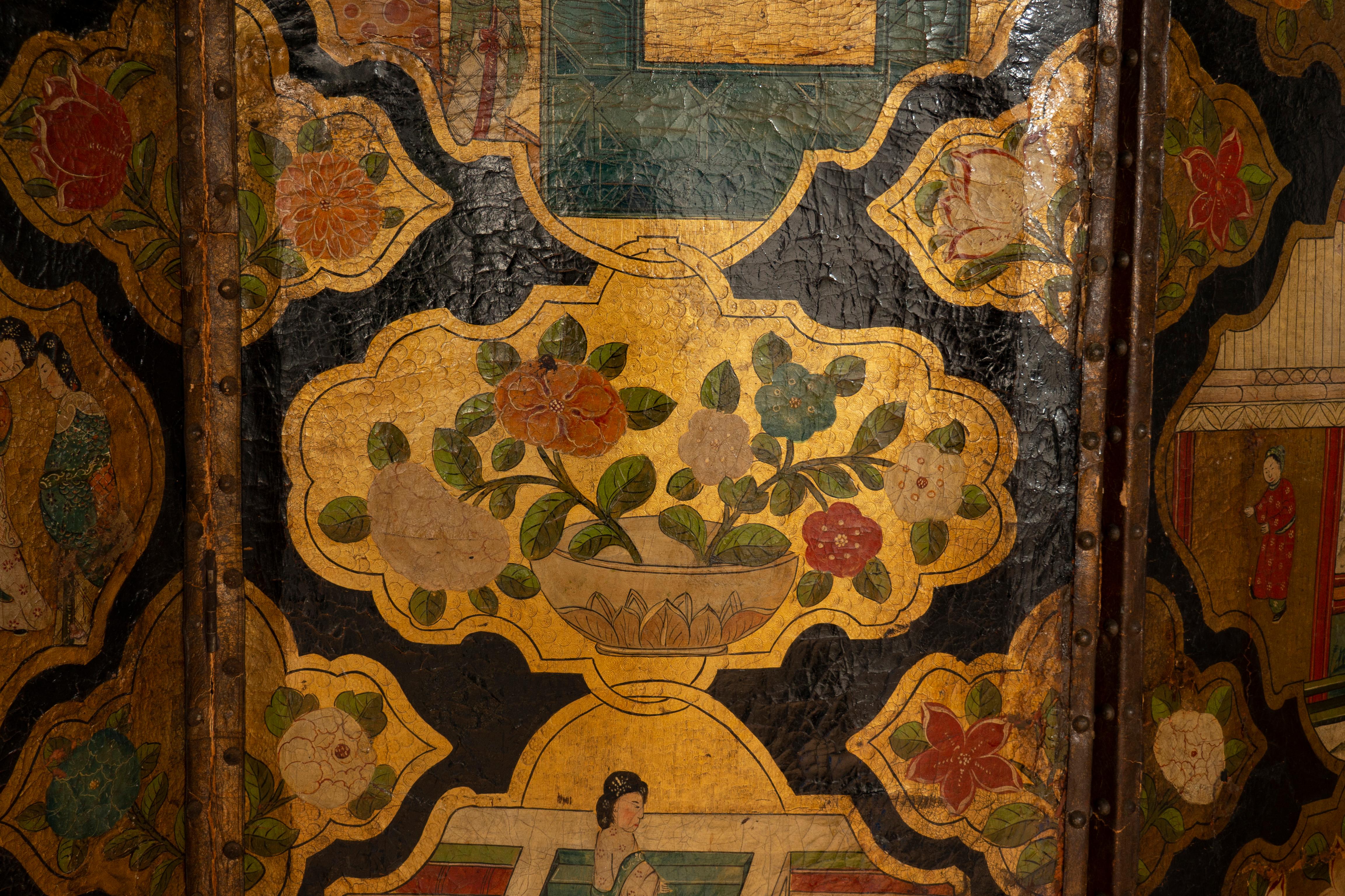 18th Century Dutch Four Panel Chinoiserie Decorated Leather Screen For Sale