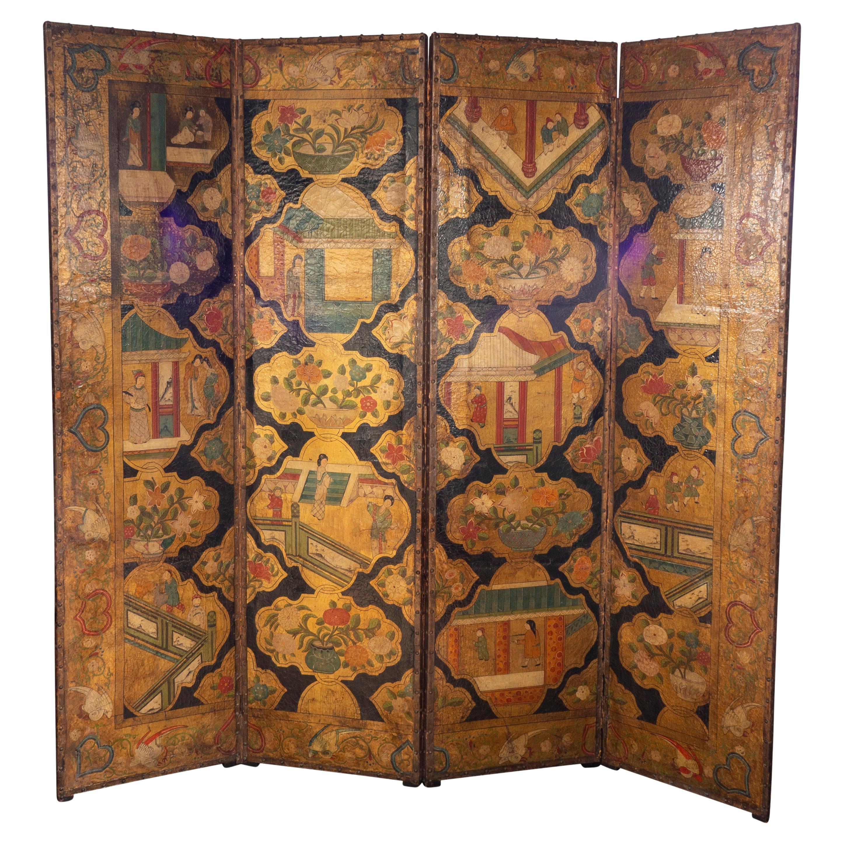 Dutch Four Panel Chinoiserie Decorated Leather Screen