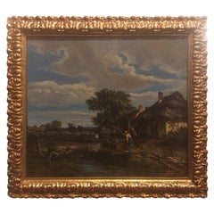 Dutch Framed Oil on Canvas "Woman Drawing Water from a Well", 19th-20th Century