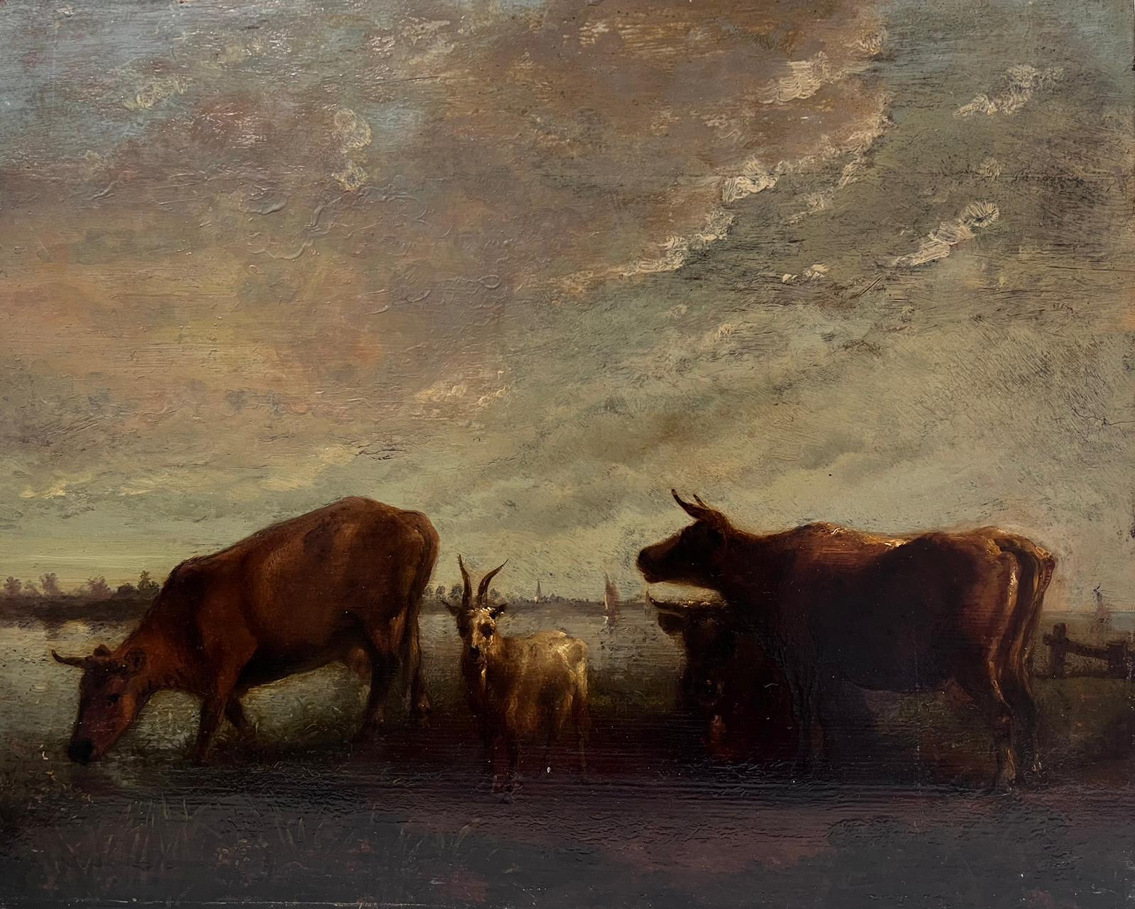 Animal Painting Dutch Golden Age - Belle peinture à l'huile hollandaise du XVIIe/XVIIIe siècle de l'âge d'or Bétail au pâturage Coucher de soleil