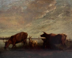 Antique Fine 17th/ 18th Century Dutch Golden Age Oil Painting Cattle Grazing Sunset