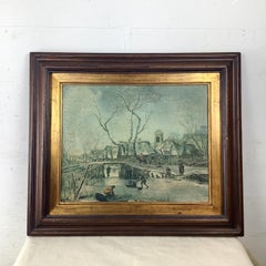 Dutch Golden Age–Style Winter Village Scene, Antique Framed Print