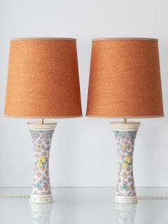Pair of Colorful Art Nouveau Ceramic Table Lamps, 1918, New Lampshades