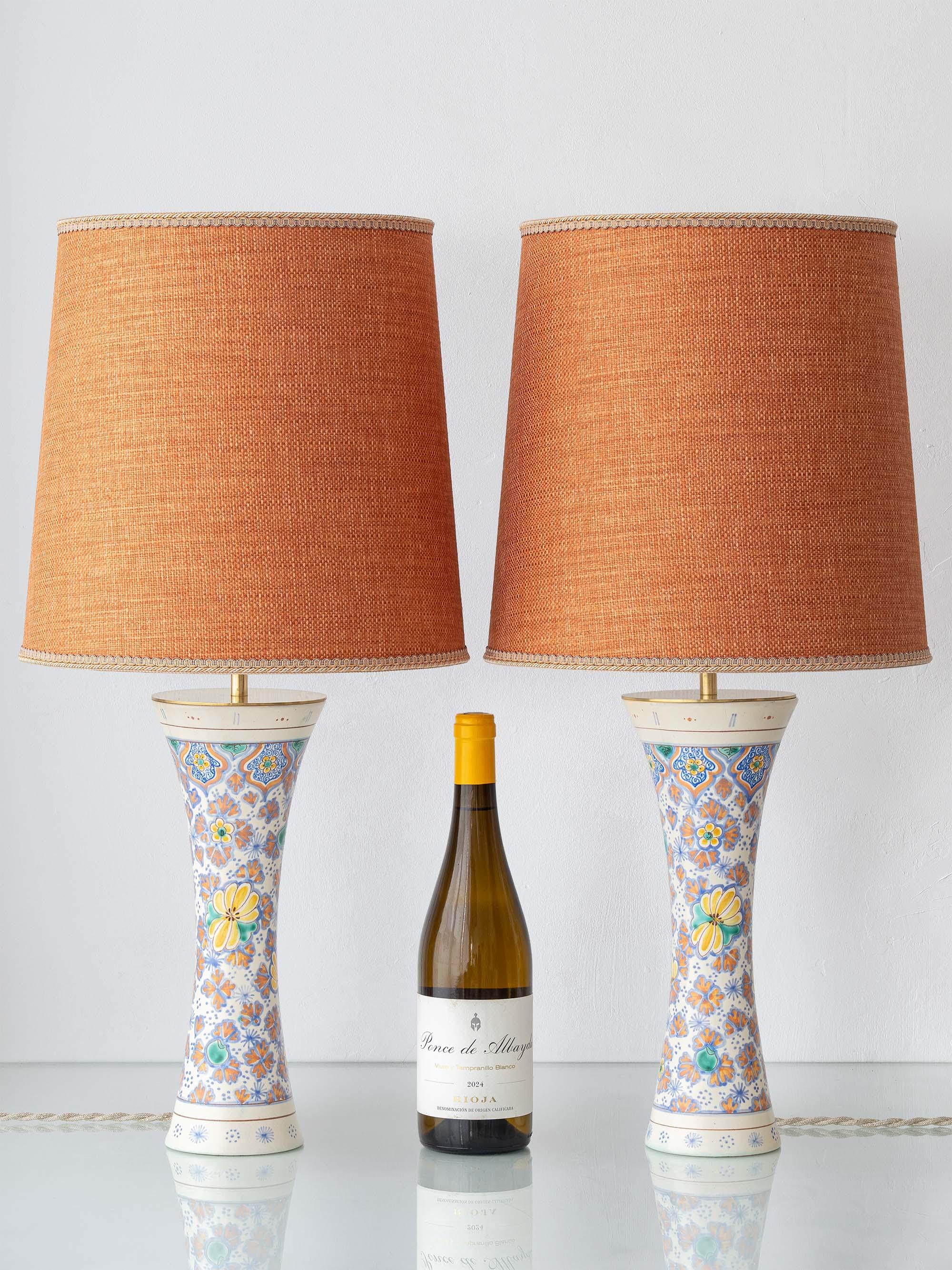 Art Deco Pair of Colorful Art Nouveau Ceramic Table Lamps, 1918, New Lampshades For Sale