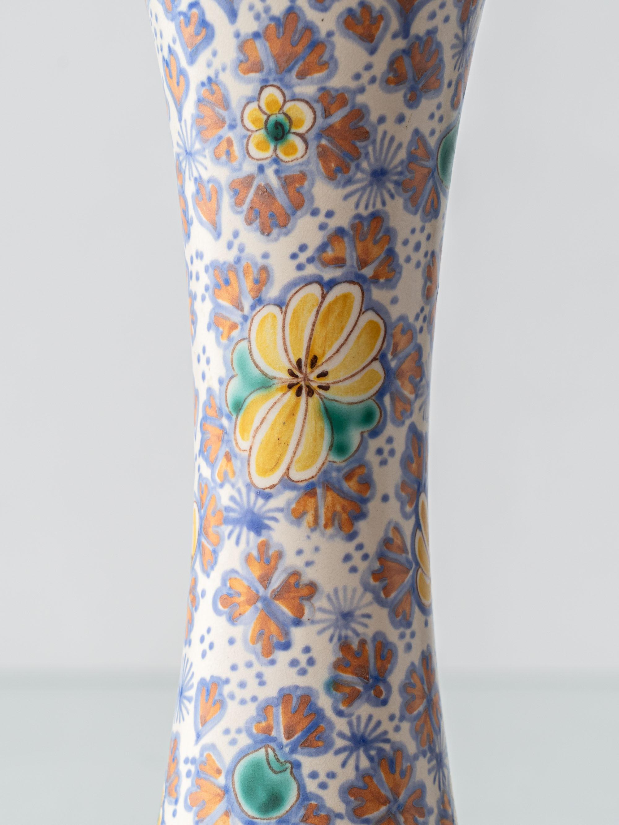 Dutch Pair of Colorful Art Nouveau Ceramic Table Lamps, 1918, New Lampshades For Sale