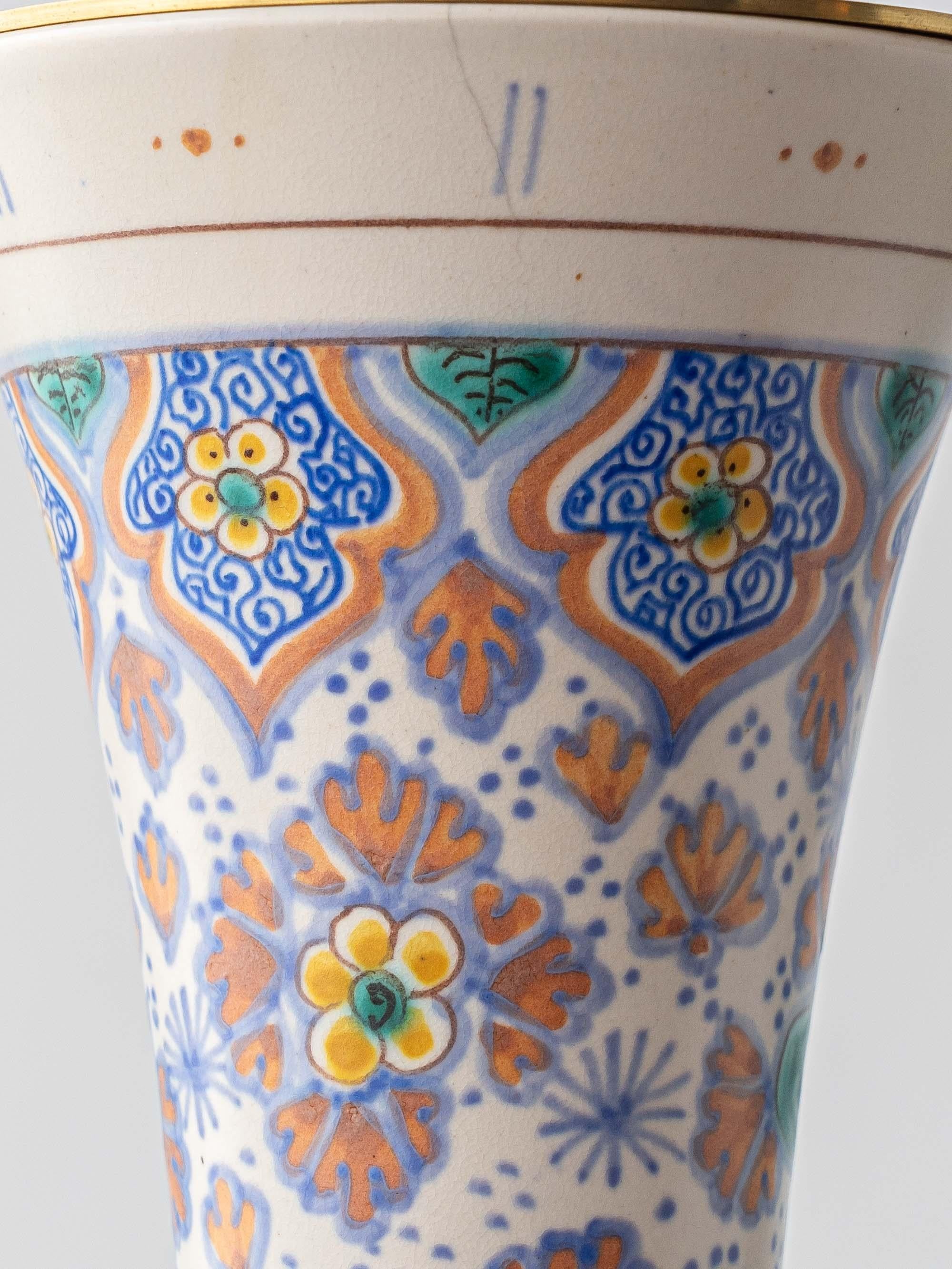 Hand-Painted Pair of Colorful Art Nouveau Ceramic Table Lamps, 1918, New Lampshades For Sale