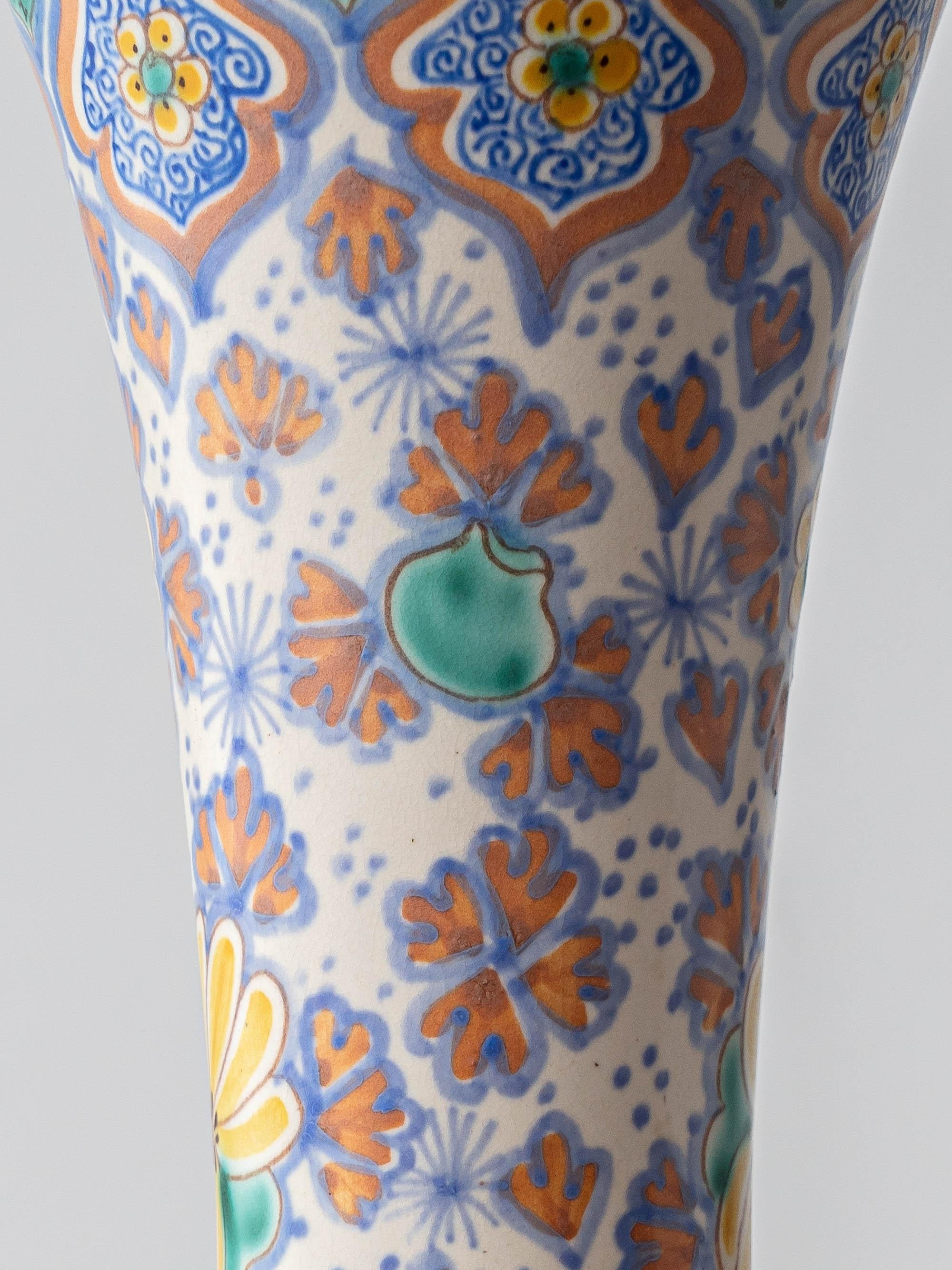 Pair of Colorful Art Nouveau Ceramic Table Lamps, 1918, New Lampshades In Good Condition For Sale In AMSTERDAM, NL