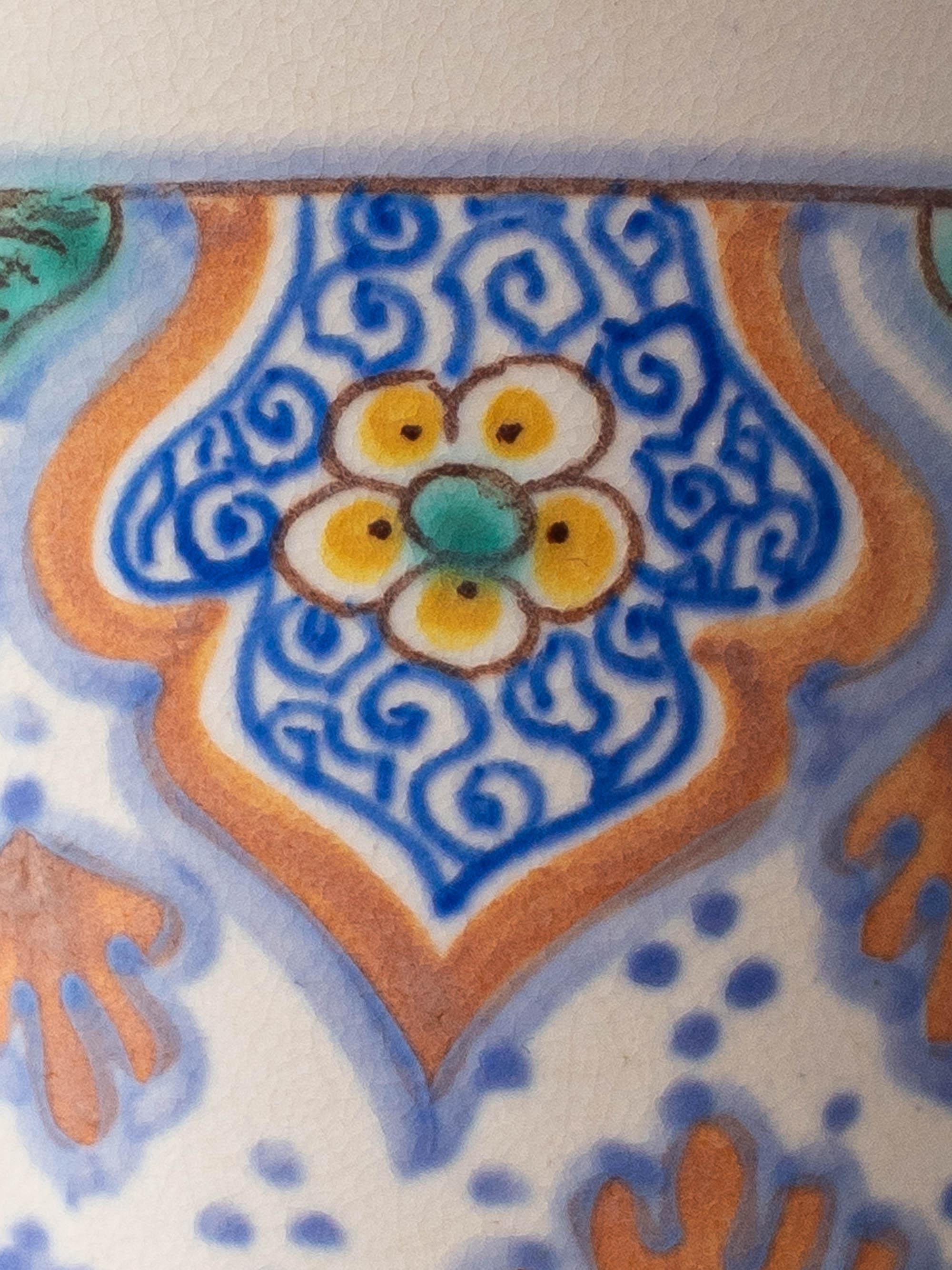 20th Century Pair of Colorful Art Nouveau Ceramic Table Lamps, 1918, New Lampshades For Sale