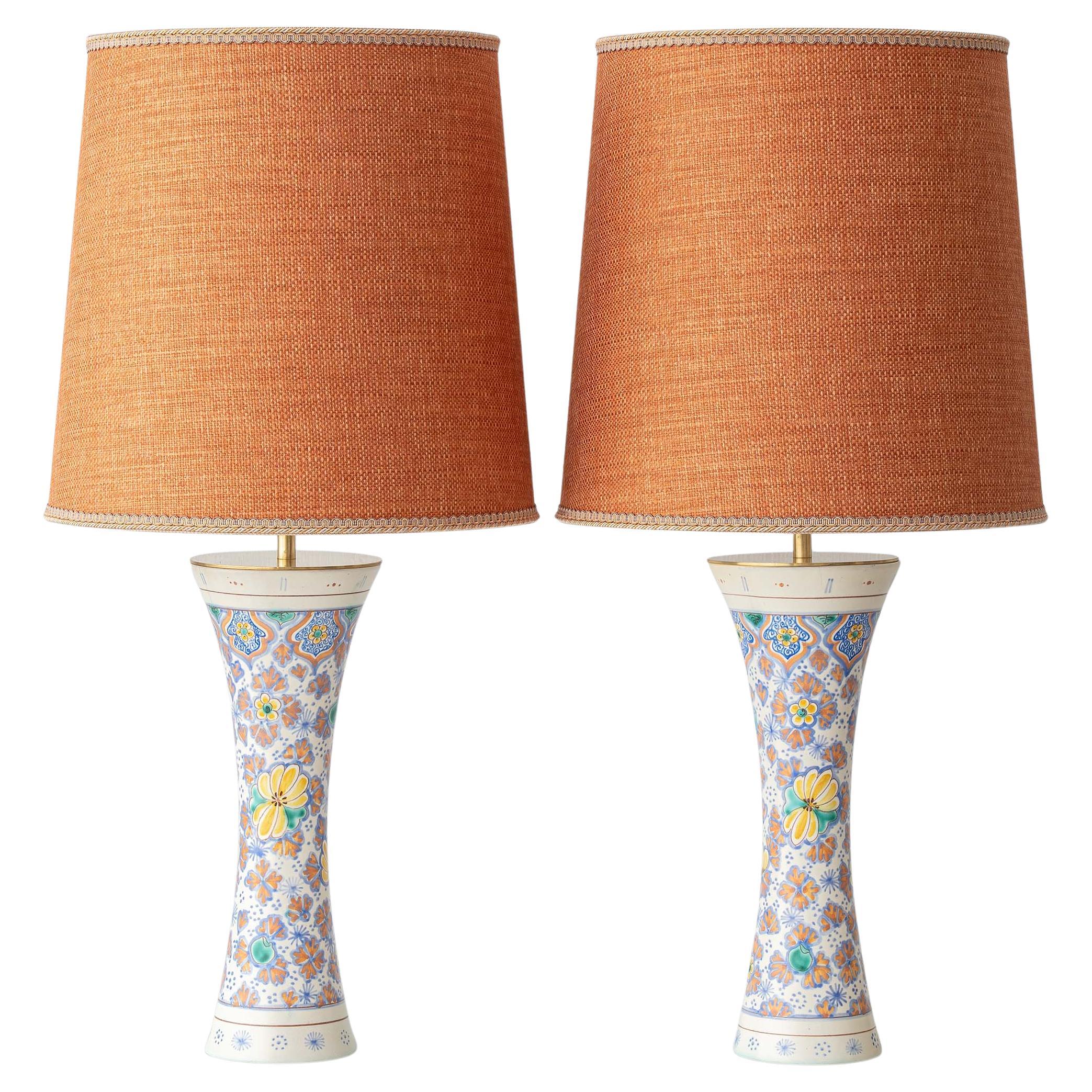 Pair of Colorful Art Nouveau Ceramic Table Lamps, 1918, New Lampshades For Sale