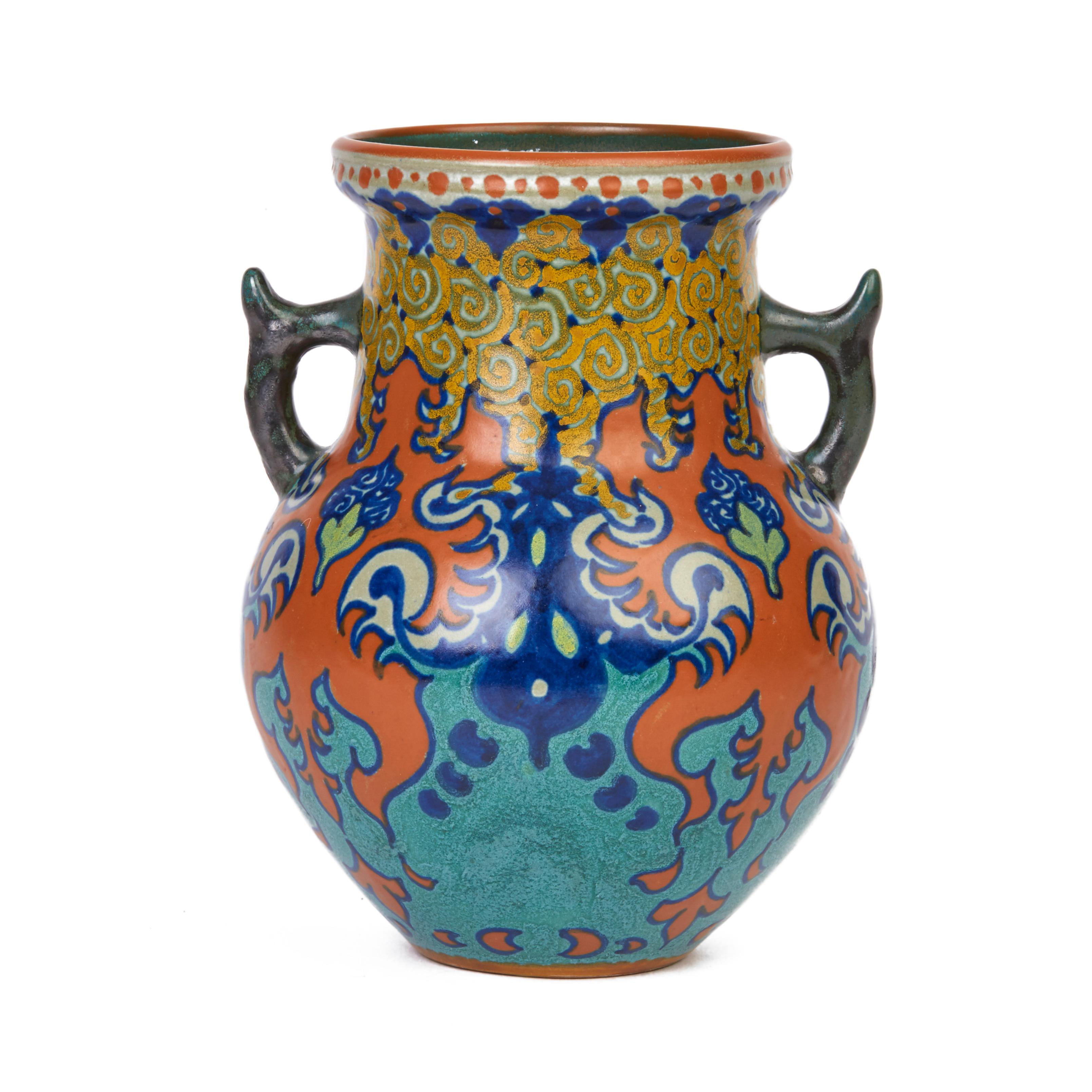 Dutch Gouda Westland Pattern Twin Handled Art Pottery Vase, 1924 1