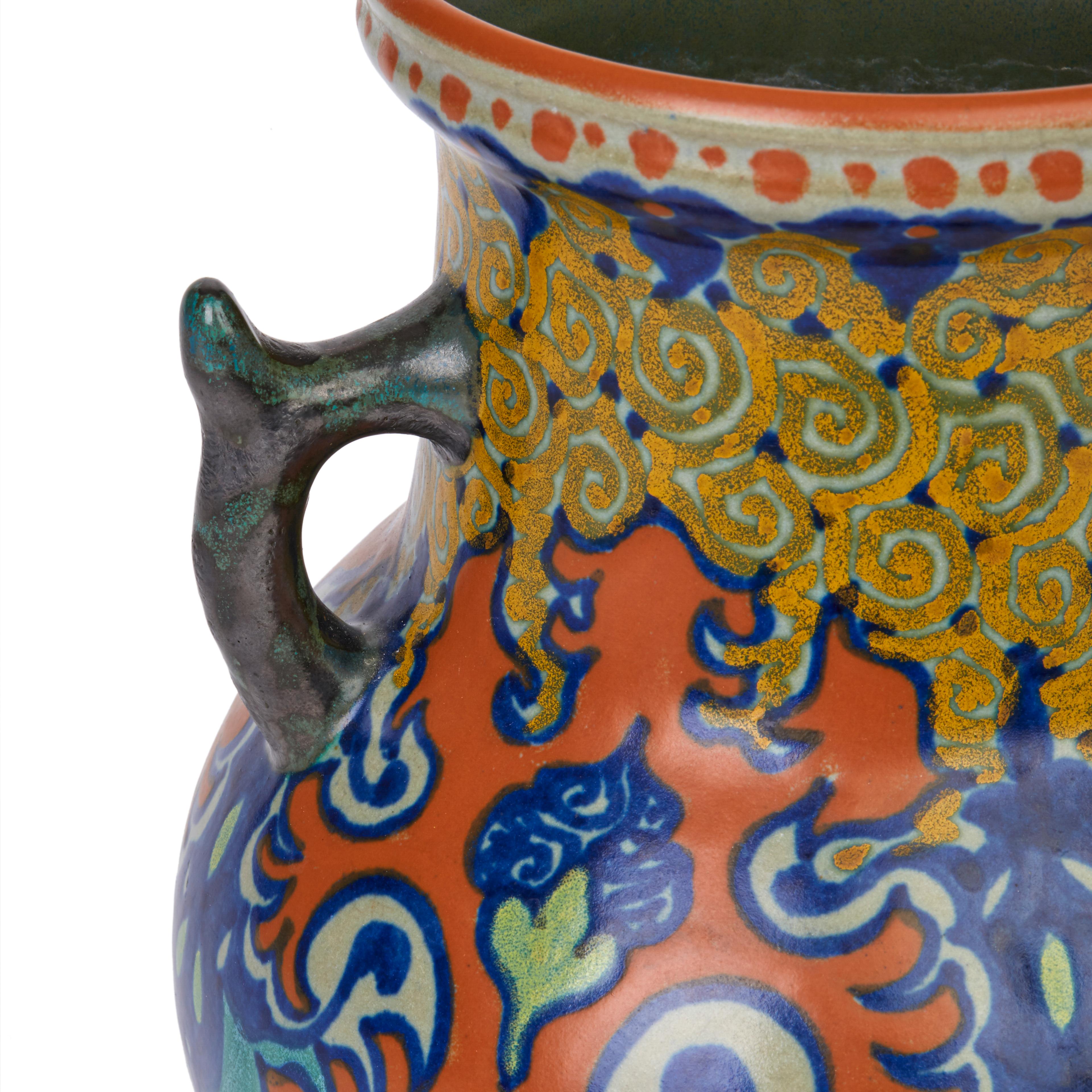 Art Deco Dutch Gouda Westland Pattern Twin Handled Art Pottery Vase, 1924