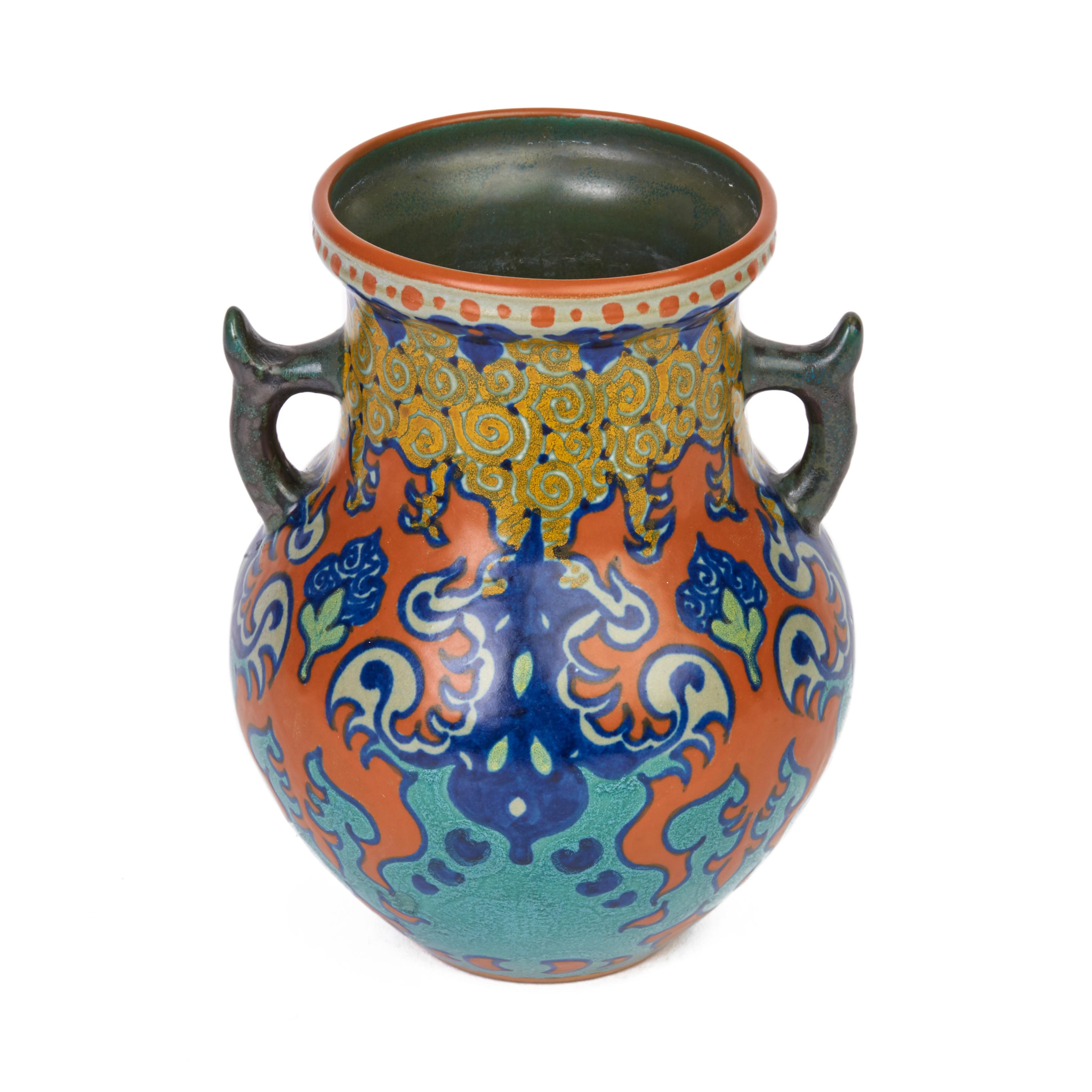 Dutch Gouda Westland Pattern Twin Handled Art Pottery Vase, 1924 In Good Condition In Bishop's Stortford, Hertfordshire