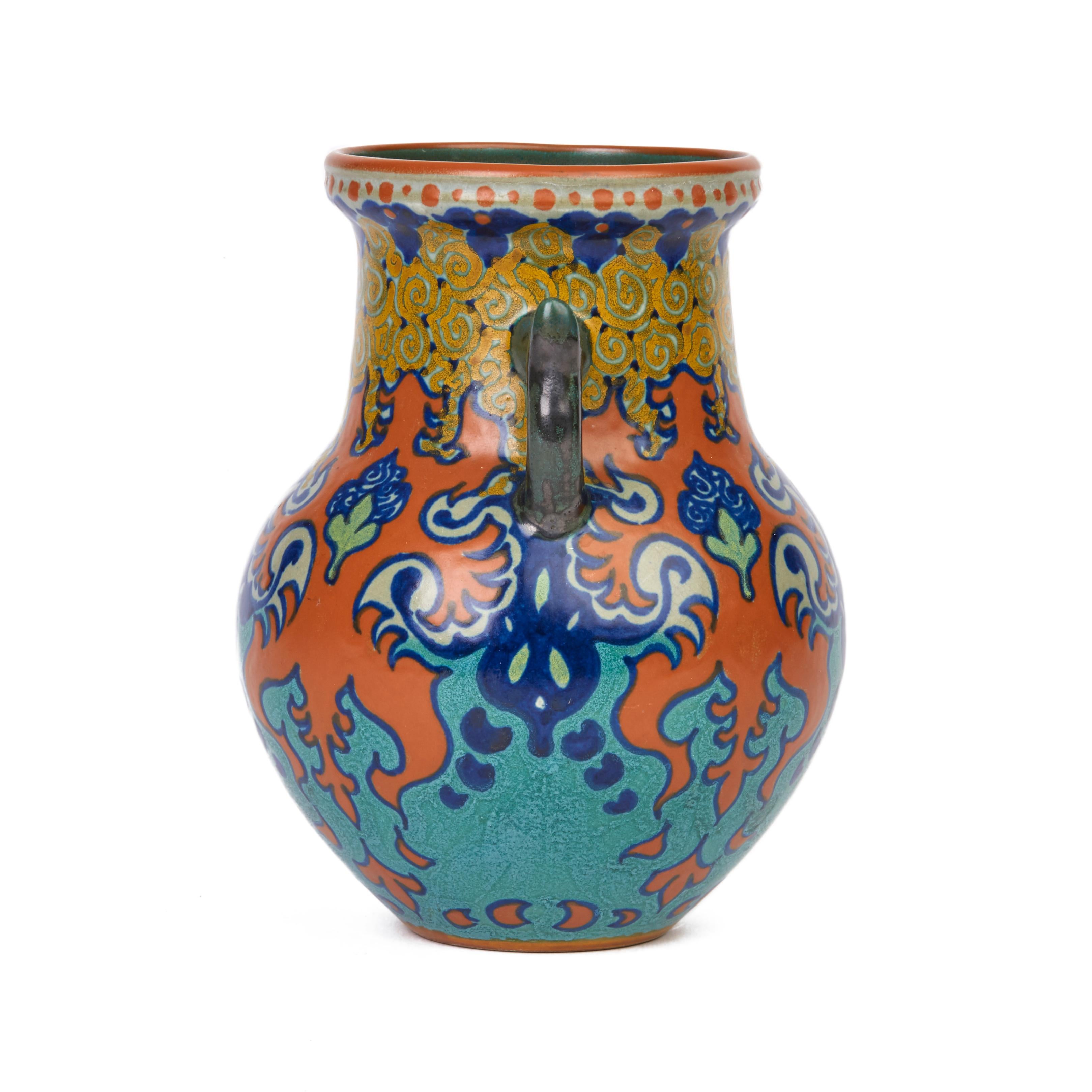 Early 20th Century Dutch Gouda Westland Pattern Twin Handled Art Pottery Vase, 1924