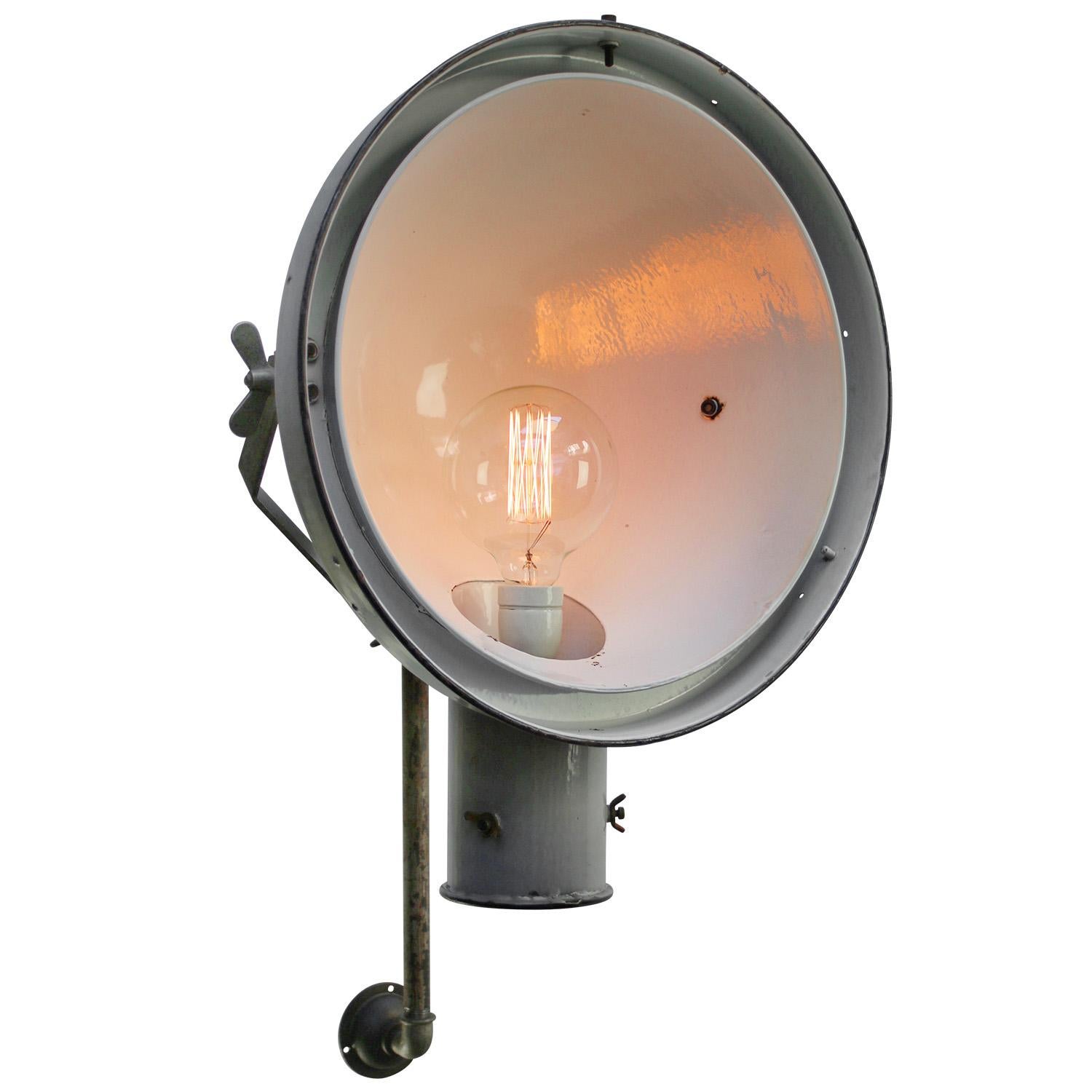 Vintage Dutch iron and enamel streetlight by Philips, Holland
Metal with light gray enamel shade

Adjustable in height and angle

Diameter wall plates 80 mm / 3.15 inches
height wall pipe 500 mm / 19.7 inches

Shipped in parts, easy to
