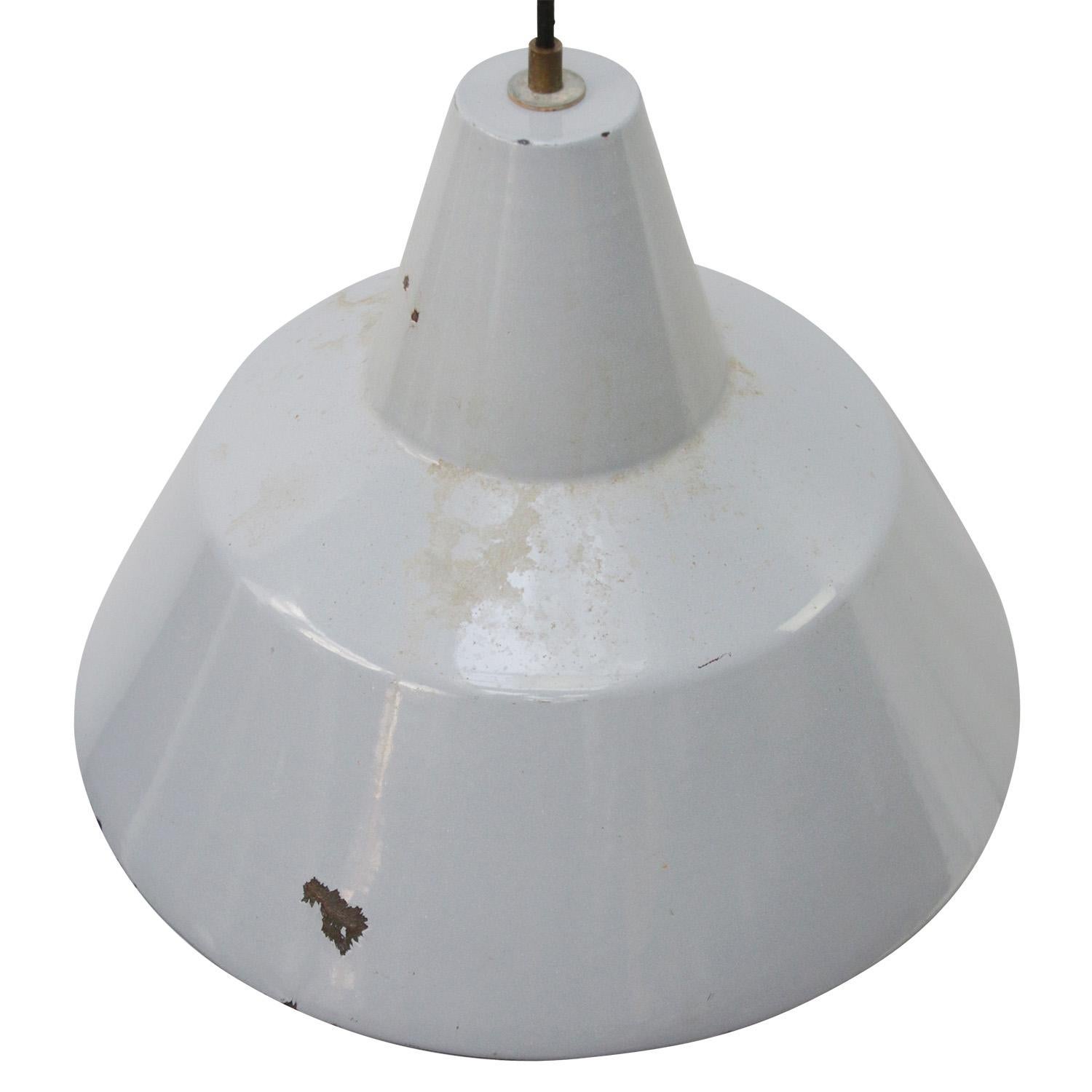 Dutch industrial hanging lamp by Philips
Grey enamel white interior

Weight: 2.10 kg / 4.6 lb

Priced per individual item. All lamps have been made suitable by international standards for incandescent light bulbs, energy-efficient and LED