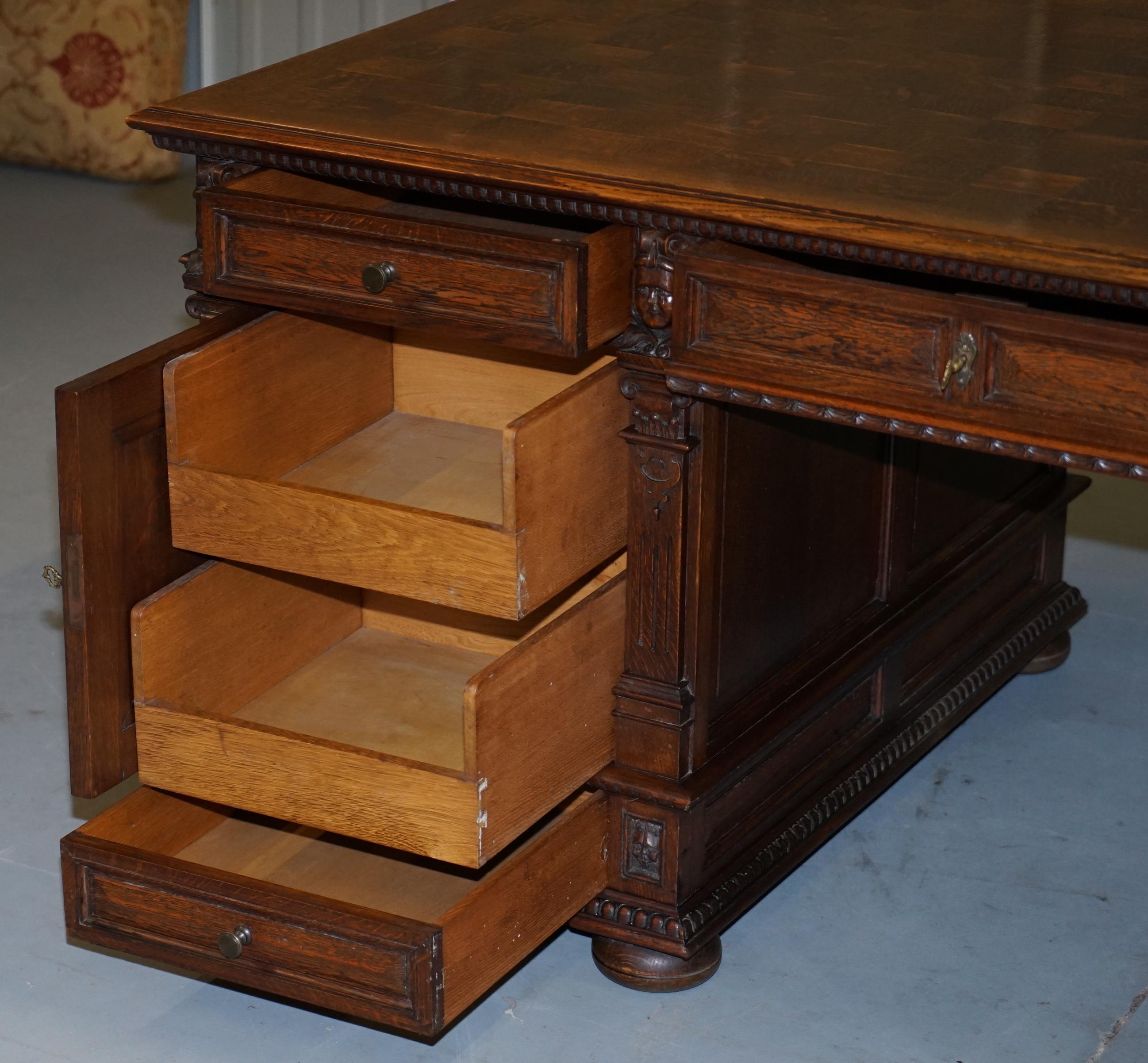 Dutch Hand Carved Solid Oak Twin Pedestal Double Sided Desk + Leather Armchair 5