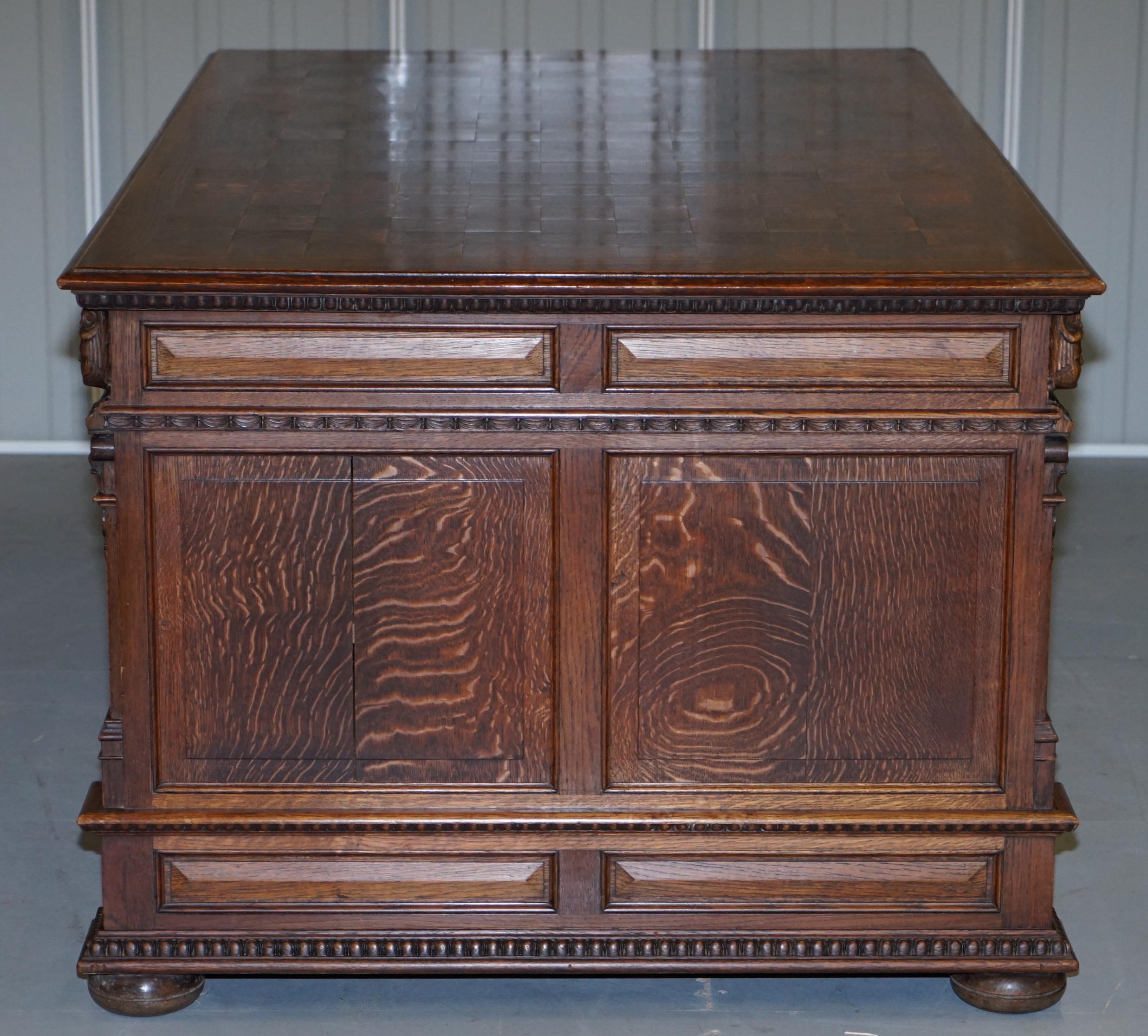 Mid-20th Century Dutch Hand Carved Solid Oak Twin Pedestal Double Sided Desk + Leather Armchair