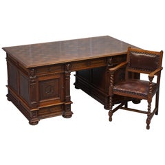 Vintage Dutch Hand Carved Solid Oak Twin Pedestal Double Sided Desk + Leather Armchair