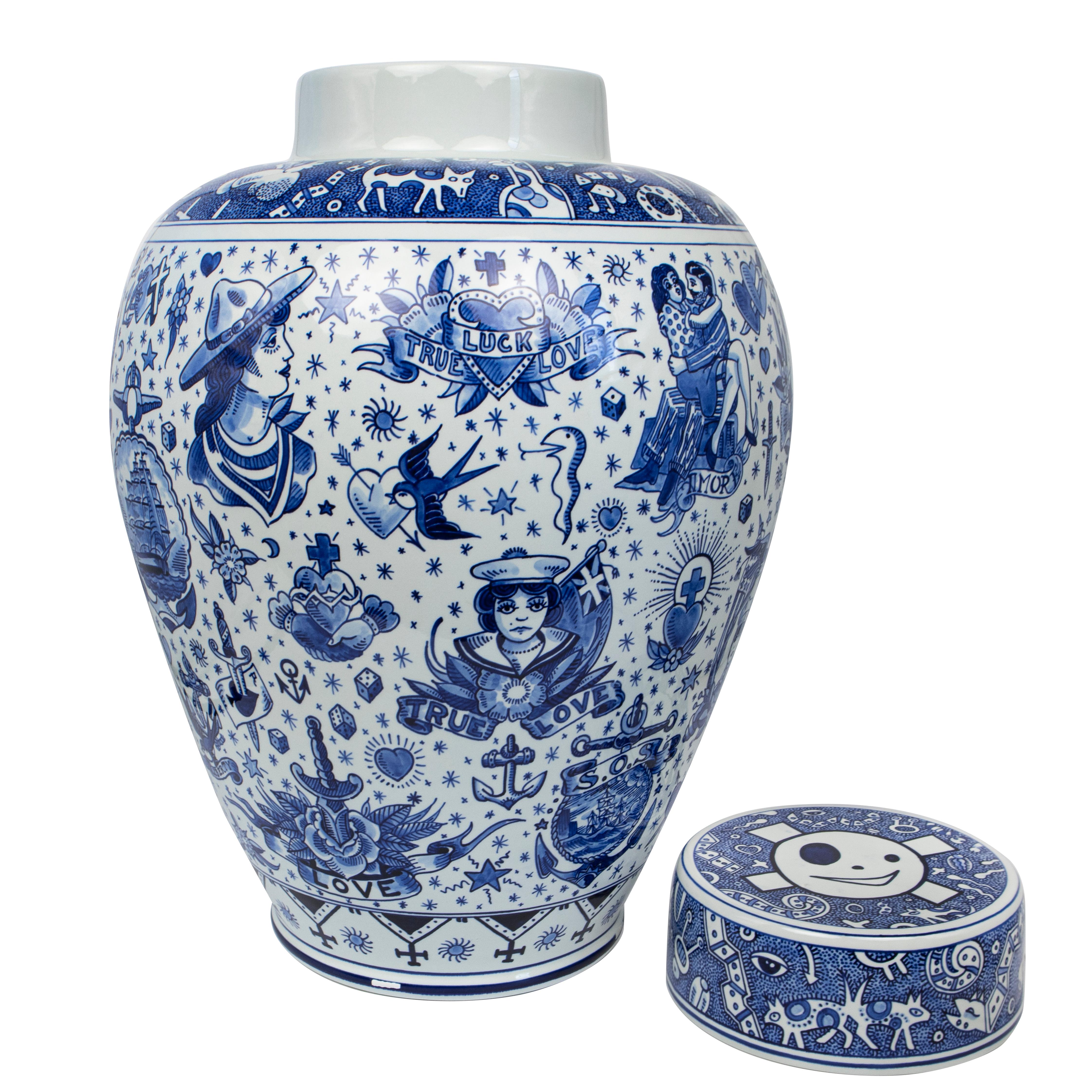 Hand-Painted Dutch handpainted vase, jar True Love by Royal Delft, Schiffmacher collection For Sale