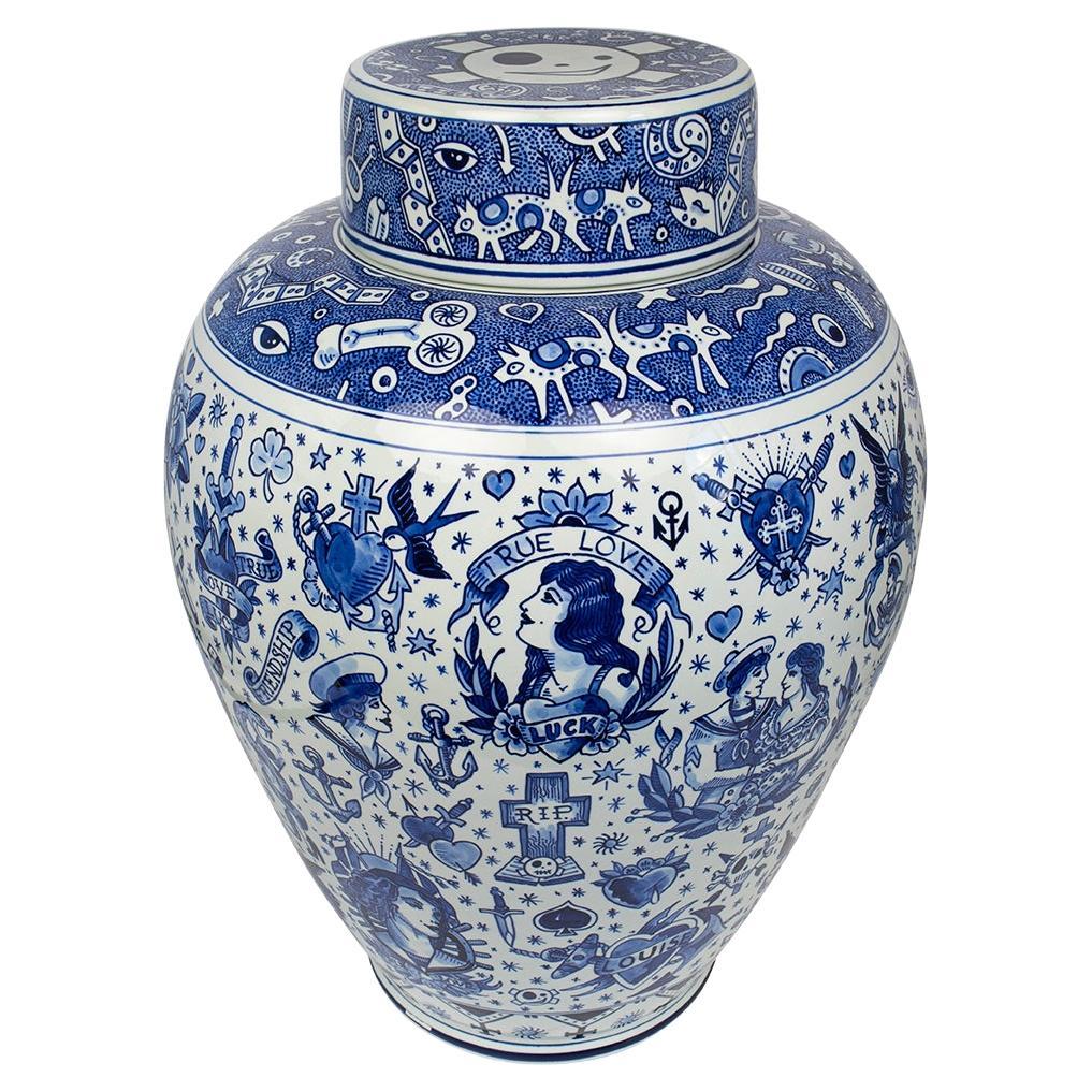 Dutch handpainted vase, jar True Love by Royal Delft, Schiffmacher collection For Sale