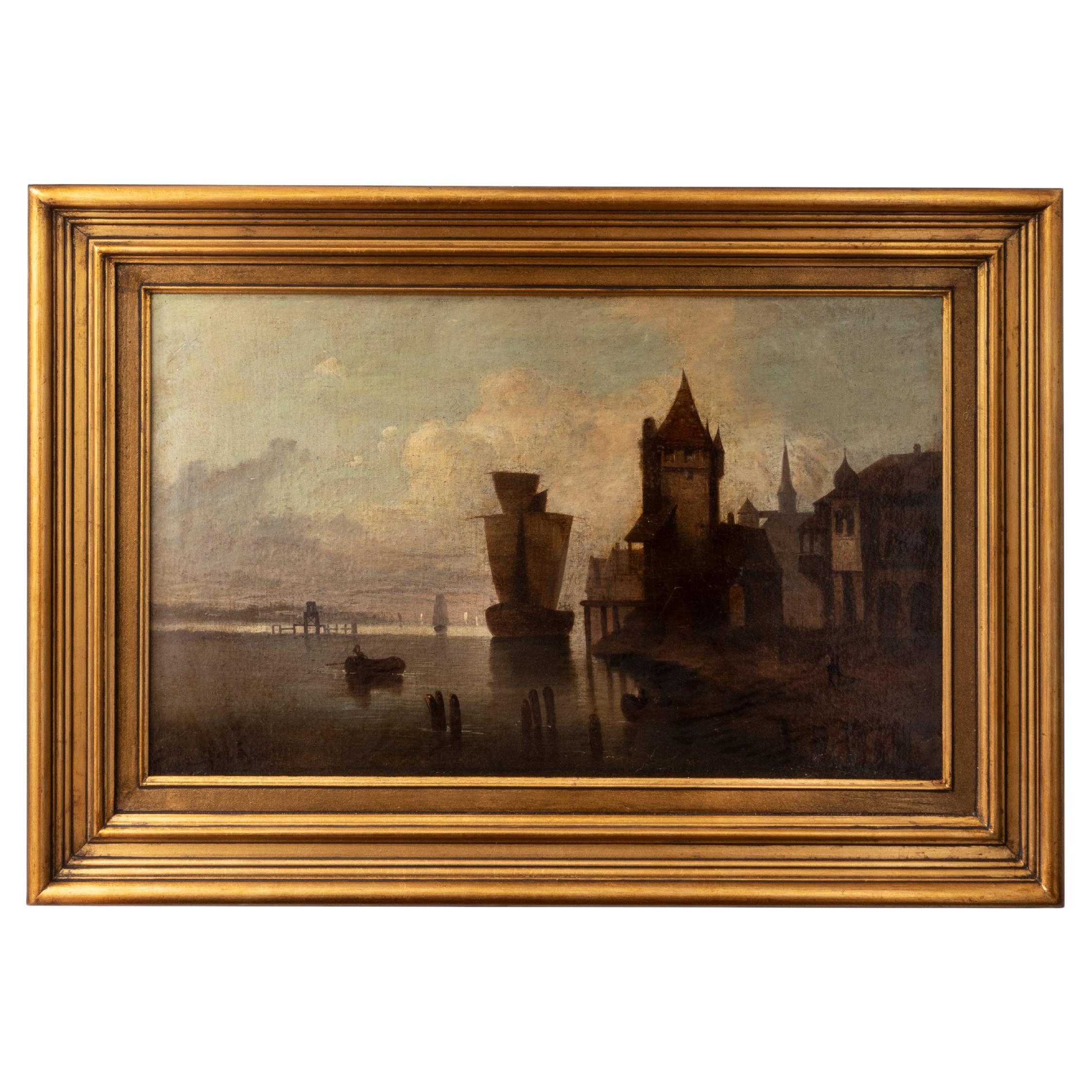 Dutch Harbor Landscape Painting by Roudil, 19th Century