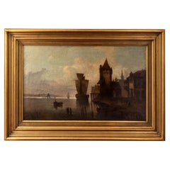 Dutch Harbor Landscape Painting by Roudil, 19th Century