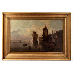 Niederländisches Hafenlandschaftsgemälde von Roudil, 19. Jahrhundert