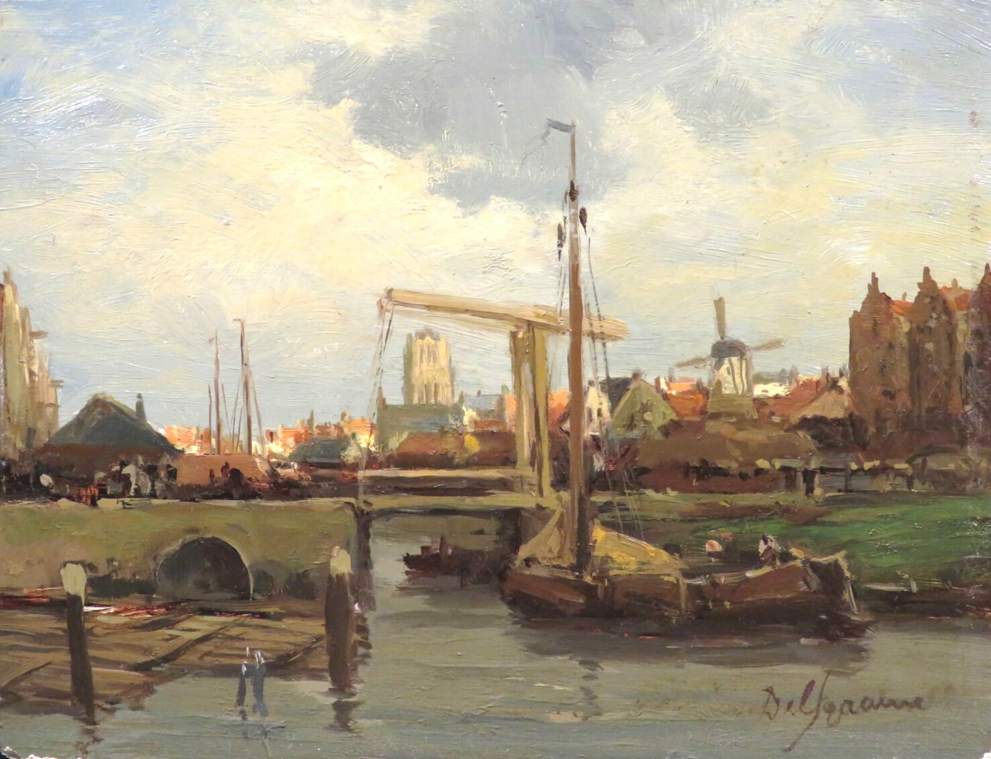 Hand-Painted Dutch Harbour View by Gerard Johannes Delfgaauw, Dutch (1882-1947)