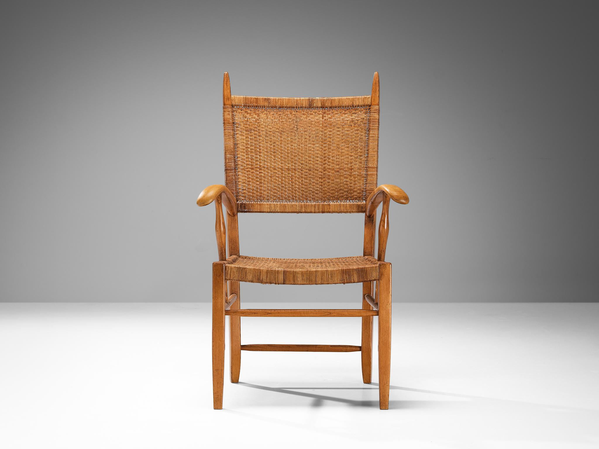 Mid-Century Modern Dutch High Back Chair in Ash and Cane  For Sale
