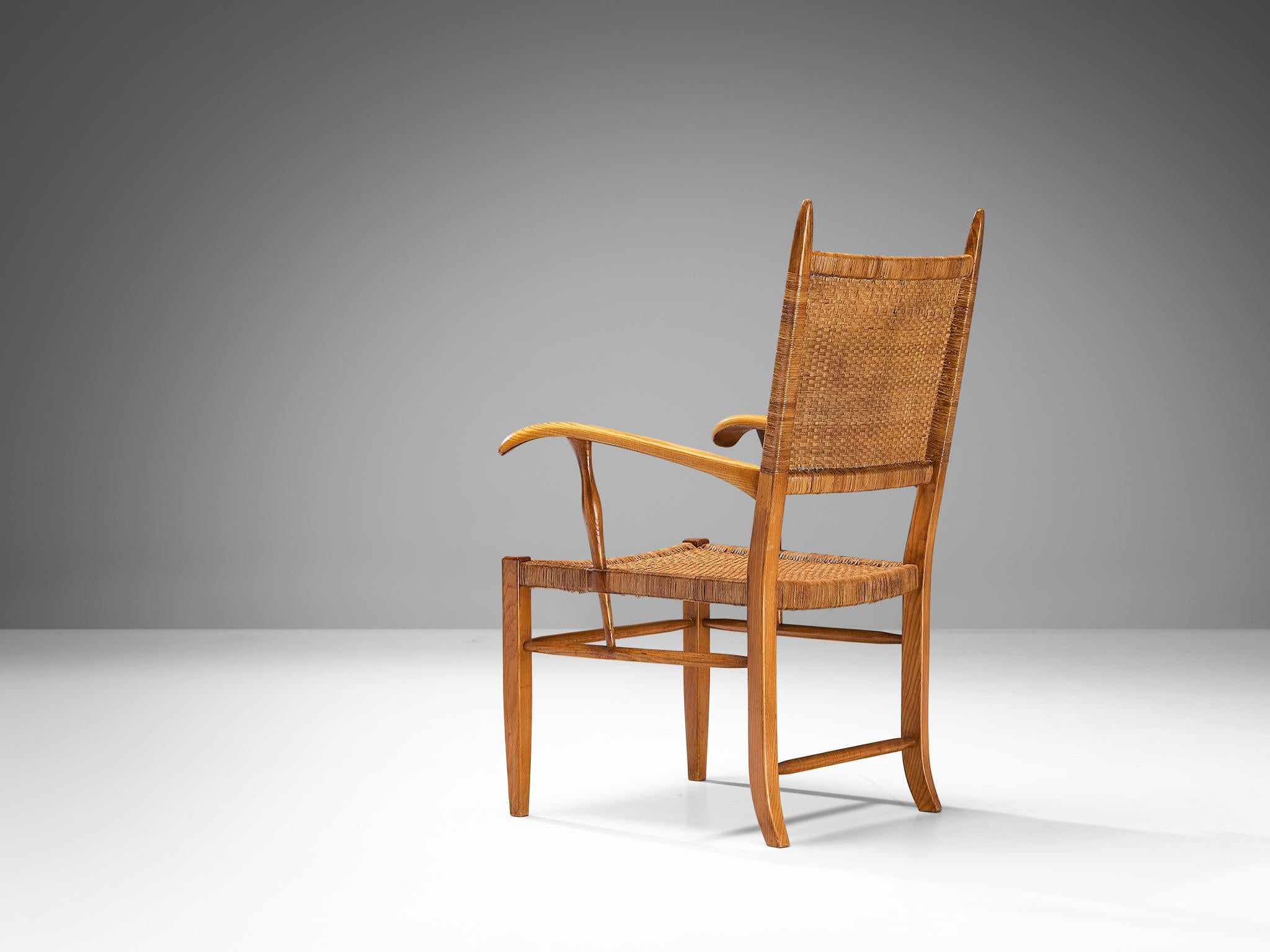 Mid-20th Century Dutch High Back Chair in Ash and Cane  For Sale