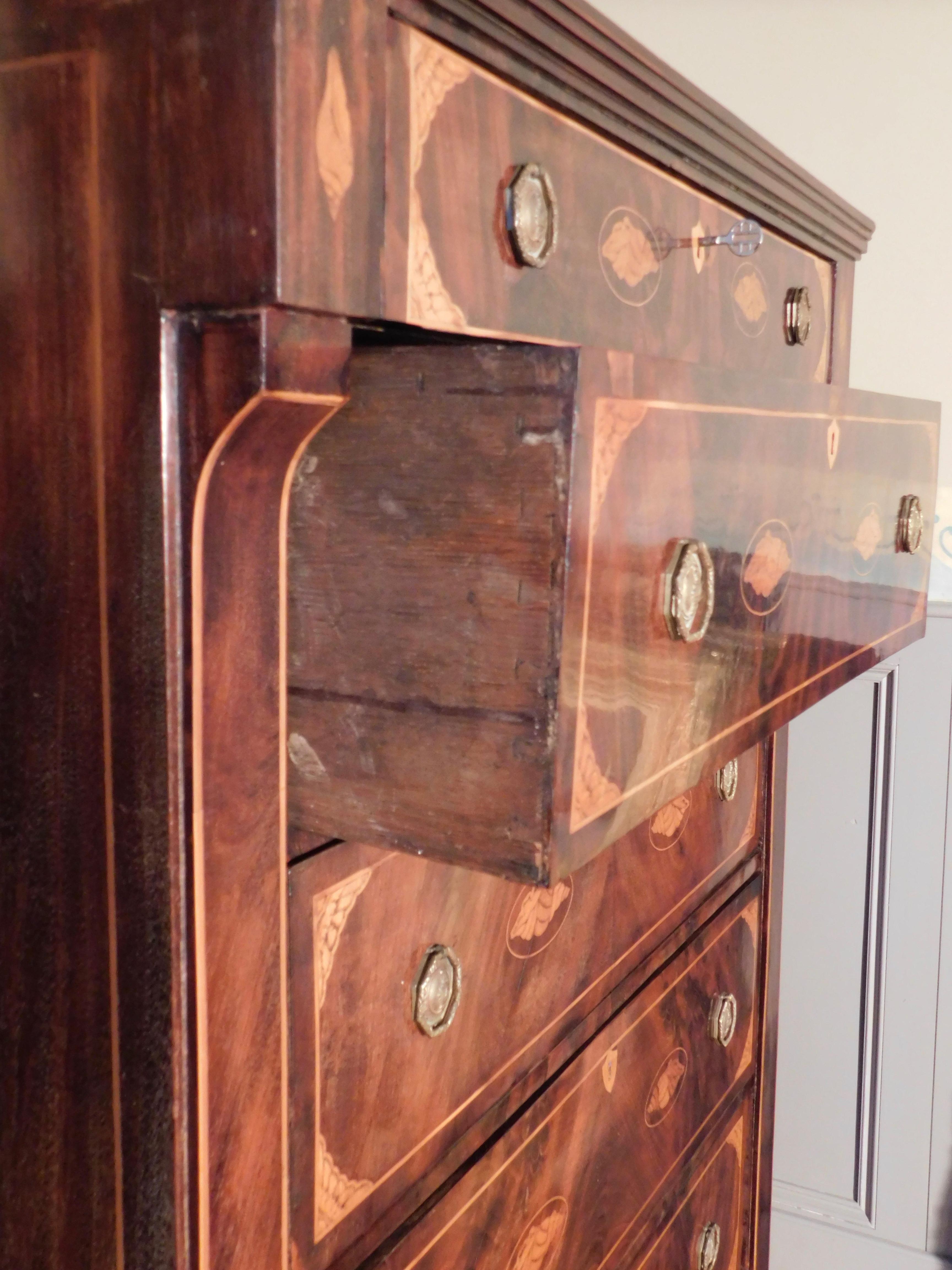 Dutch High Boy Chest of Drawers with Marquetry Inlaid Shell Designs, circa 1820 For Sale 14