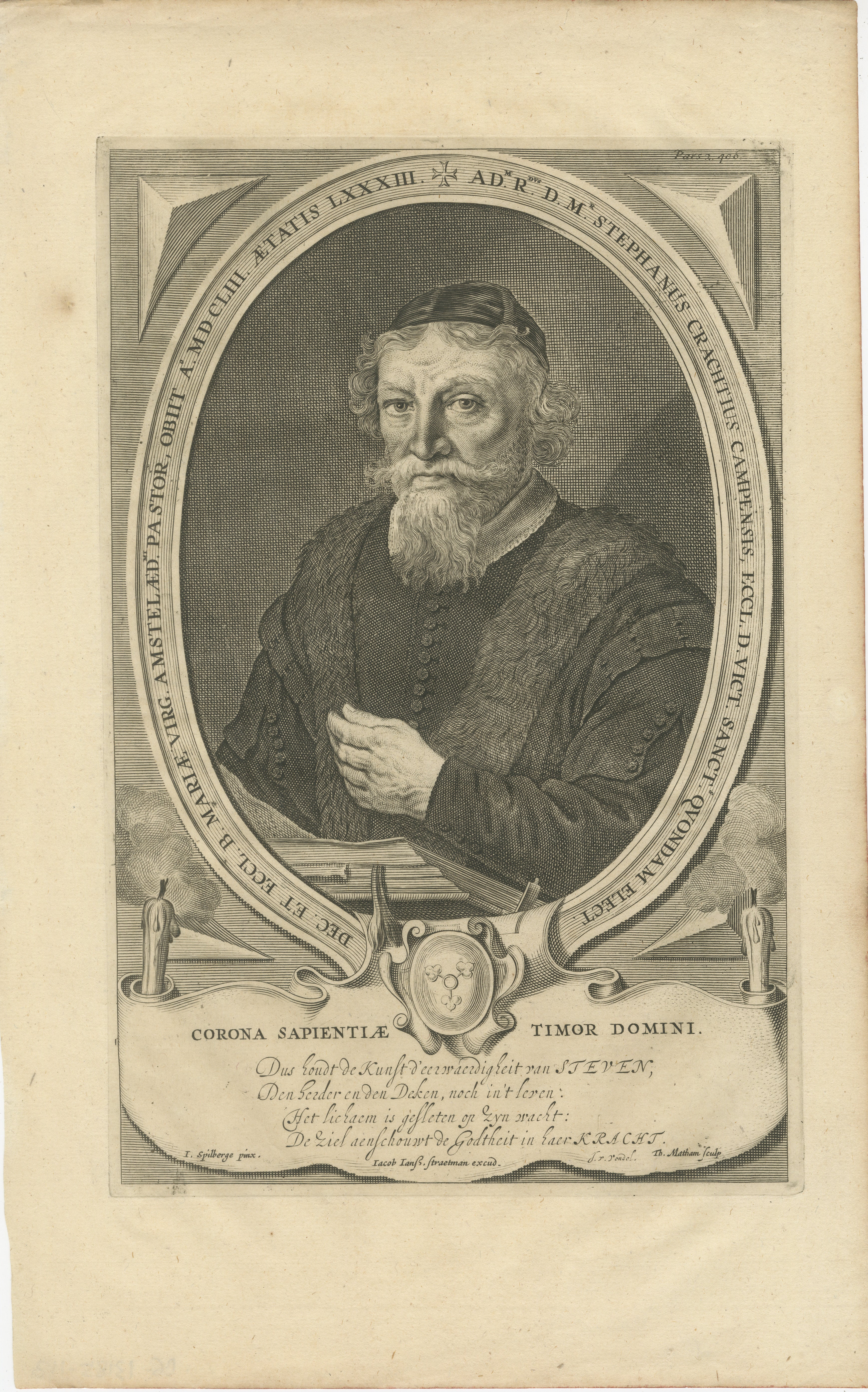 Portrait hollandais du 17e siècle - Stephan Crachtius Gravure de Matham d'après Spilberg

Cette remarquable gravure sur cuivre du XVIIe siècle présente Stephan Crachtius (ou Steven Crachts), un théologien ou érudit de renom, en buste, tourné vers la