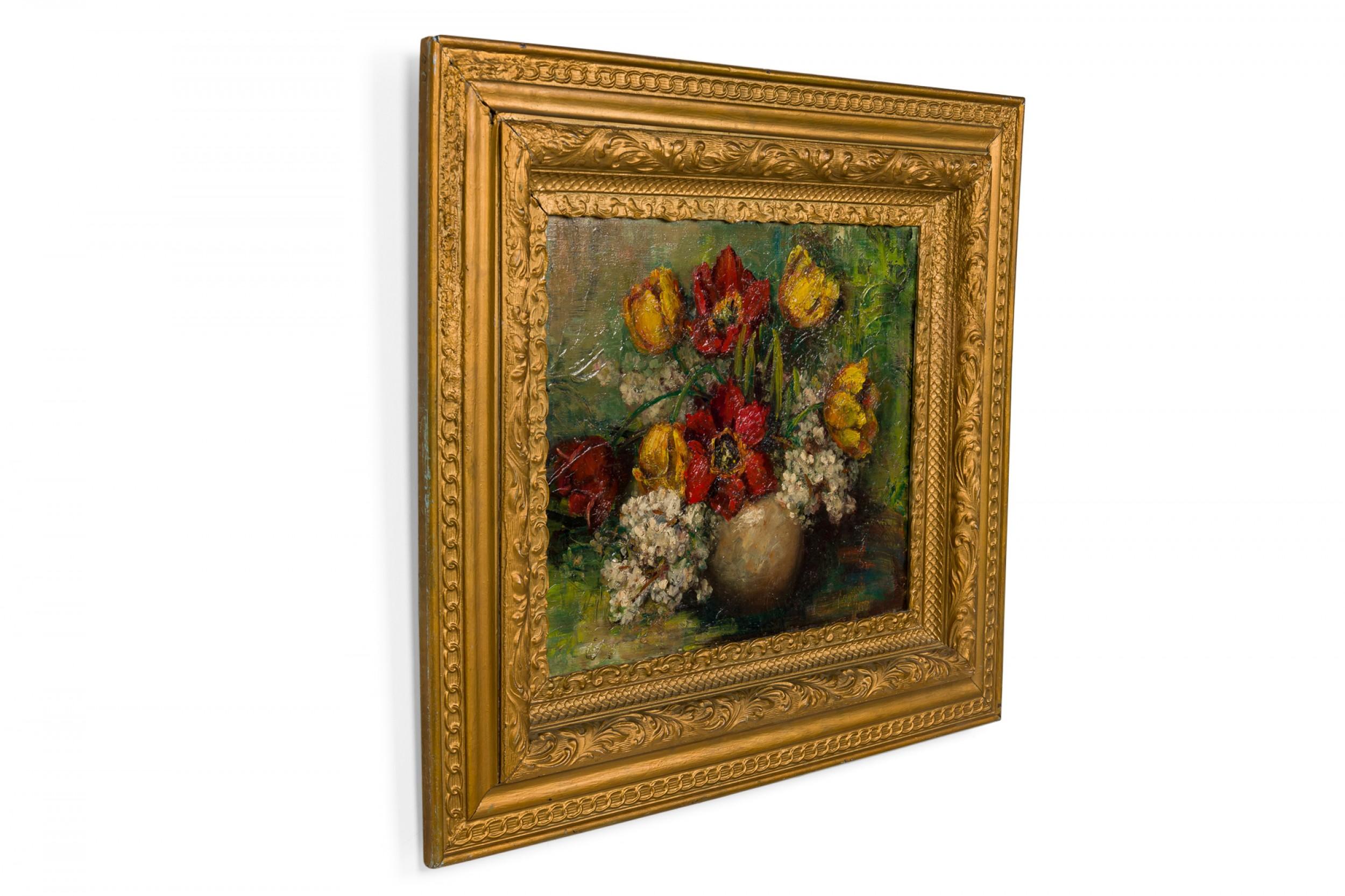 Dutch (19th Century) flora still life oil painting featuring a prominent red and yellow tulip arrangement accented by hydrangeas, overflowing from a pearly vase against a moss green background, painted in thick brushstrokes and mounted in an