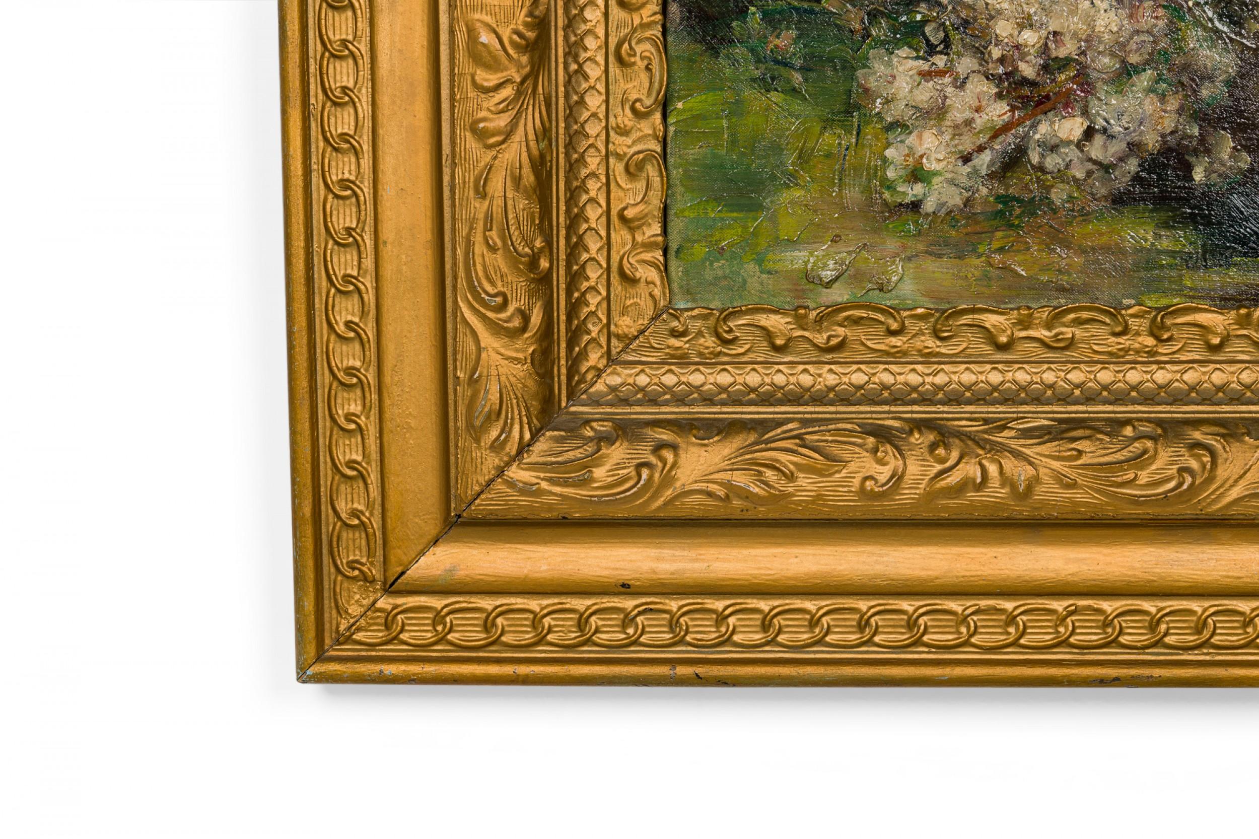 Biedermeier Dutch Hydrangea and Tulip Flora Still Life Oil Painting in an Ornate Giltwood Fr For Sale