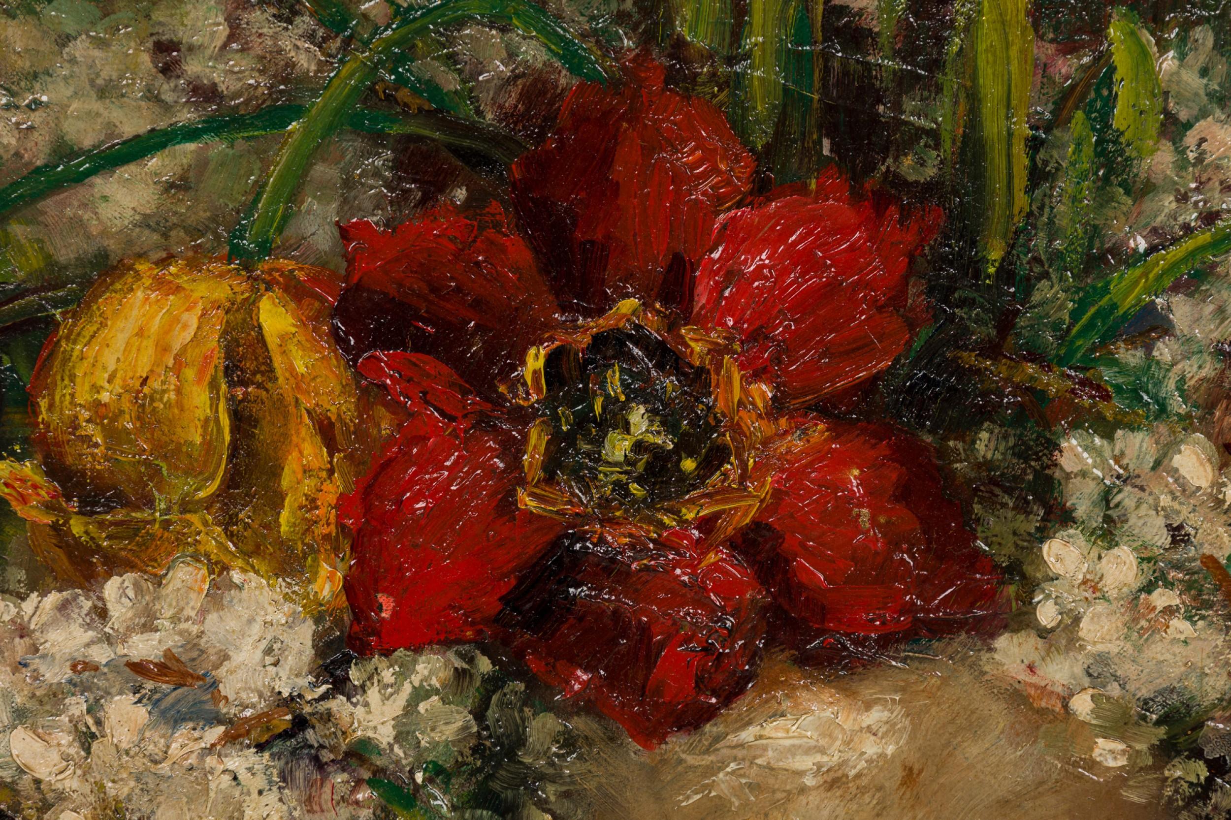 Hand-Painted Dutch Hydrangea and Tulip Flora Still Life Oil Painting in an Ornate Giltwood Fr For Sale