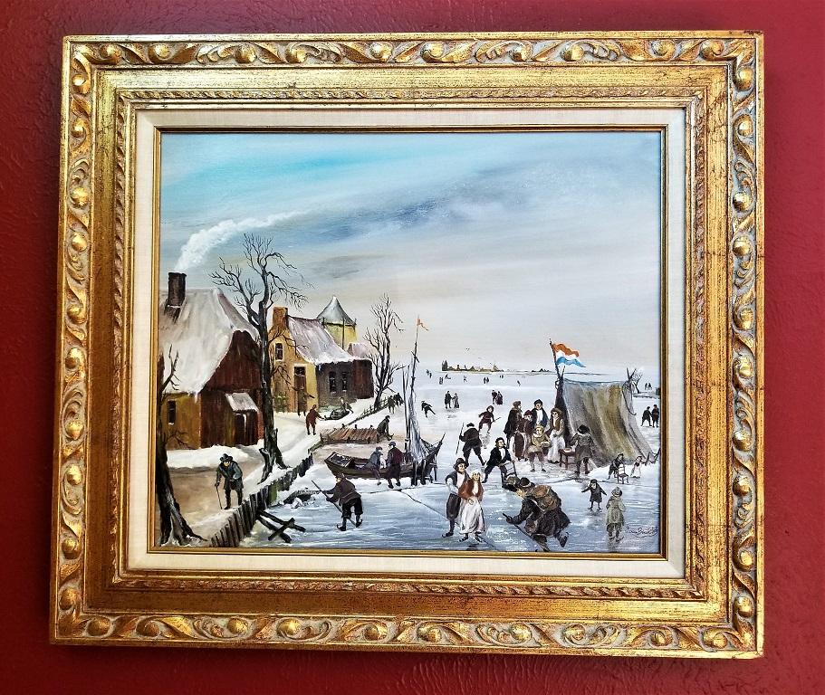 Wir präsentieren ein prächtiges Stück originaler niederländischer Kunst, nämlich eine Szene des niederländischen Eislaufens in Öl auf Leinwand von Van Buiksloot.

J. Van Buiksloot war ein niederländischer Maler in den 1950er Jahren. Seine Werke